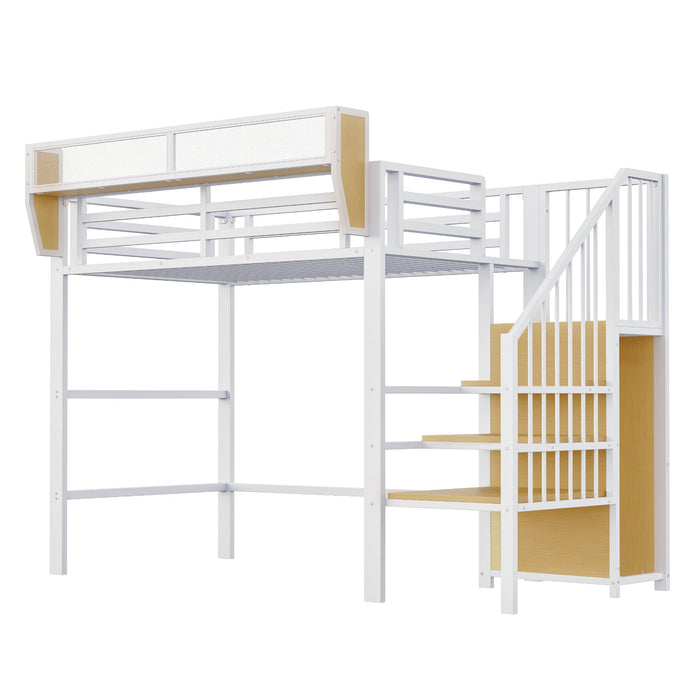 Loft Bed with Safety Ladder and Flexible Storage, 90x200cm, White Metal