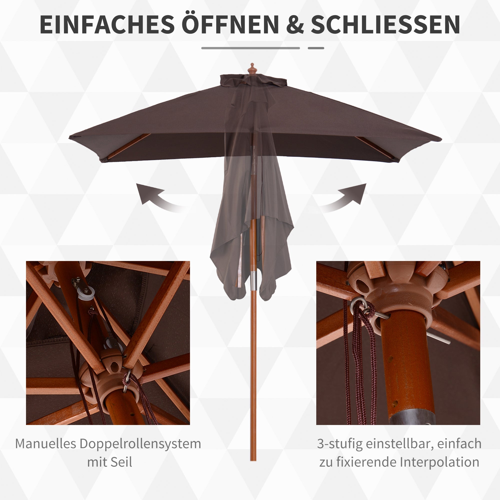Parasol Garden Umbrella 200x150cm 3-Stage Adjustable, Fir Wood & Polyester Coffee