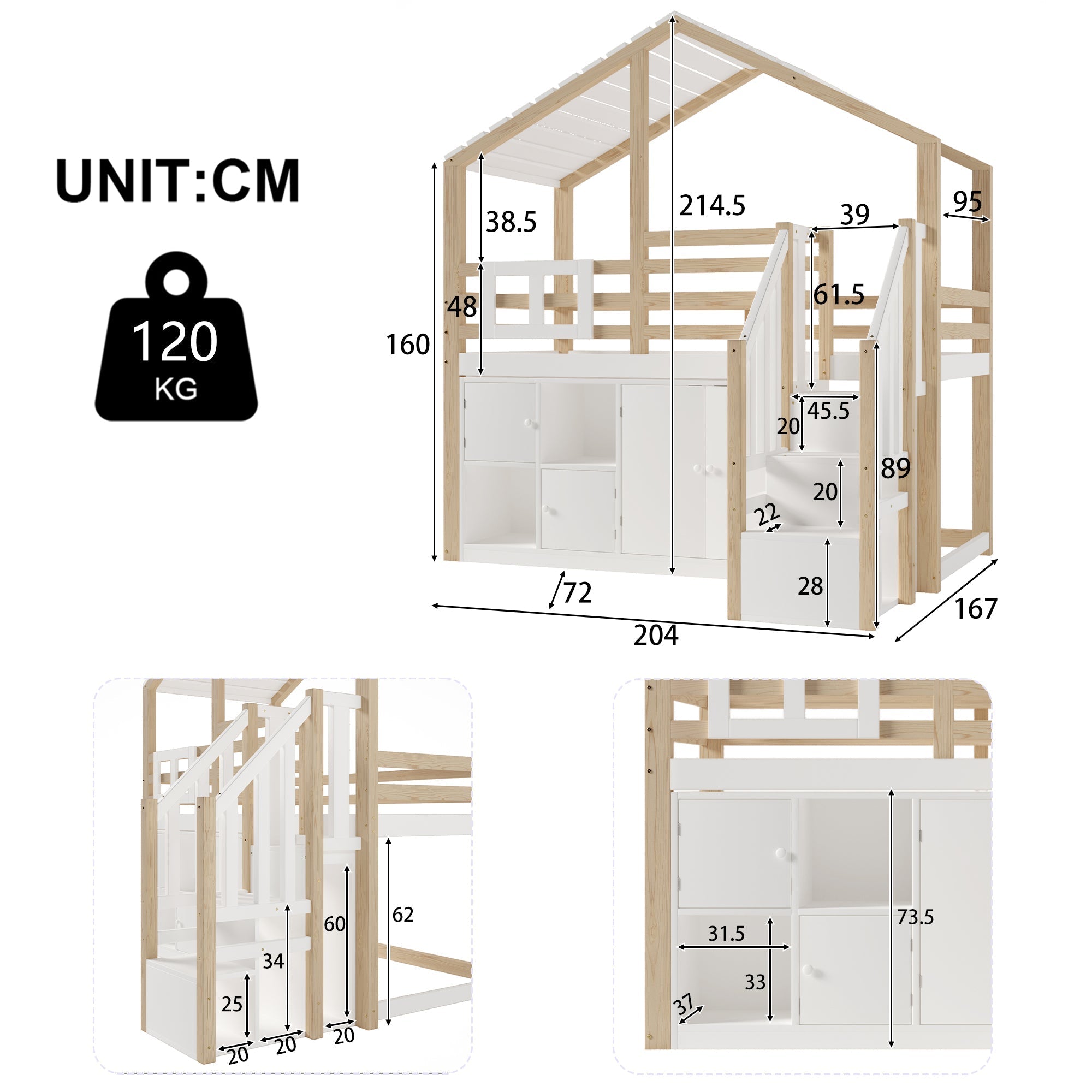 Loft Bed 90x200cm House Design Storage Ladder Lockers - White/Natural