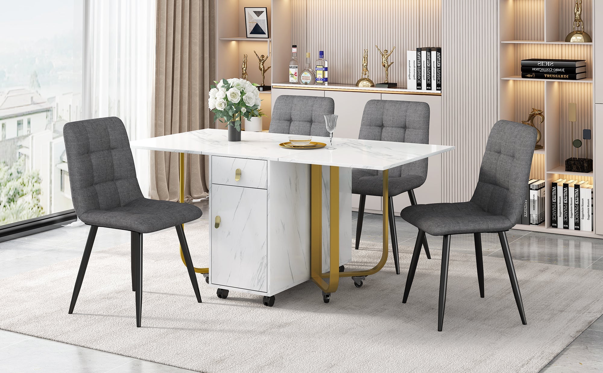Dining Set, Folding Kitchen Table with 4 Linen Chairs, White MDF & Black Legs