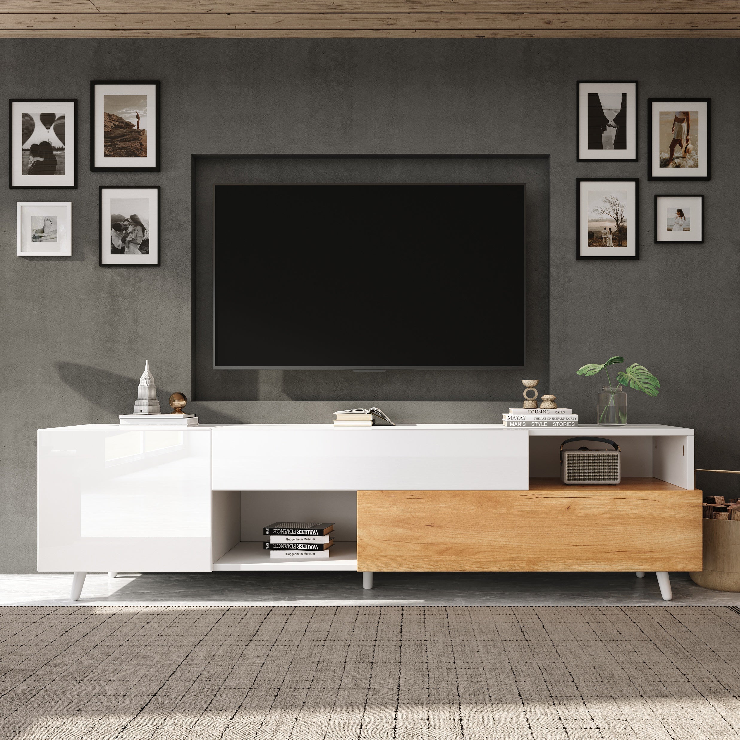TV Cabinet, 180cm Lowboard with 1 Drawer & 7 Compartments, High-Gloss Finish