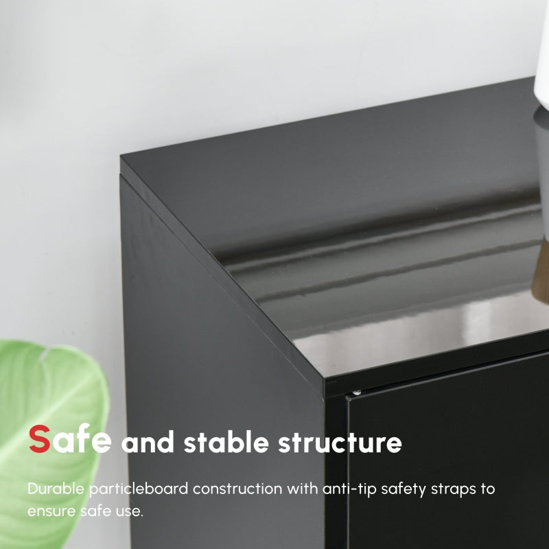 High Gloss Side Cabinet Push-Open 2 Drawers 2 Cabinets Black