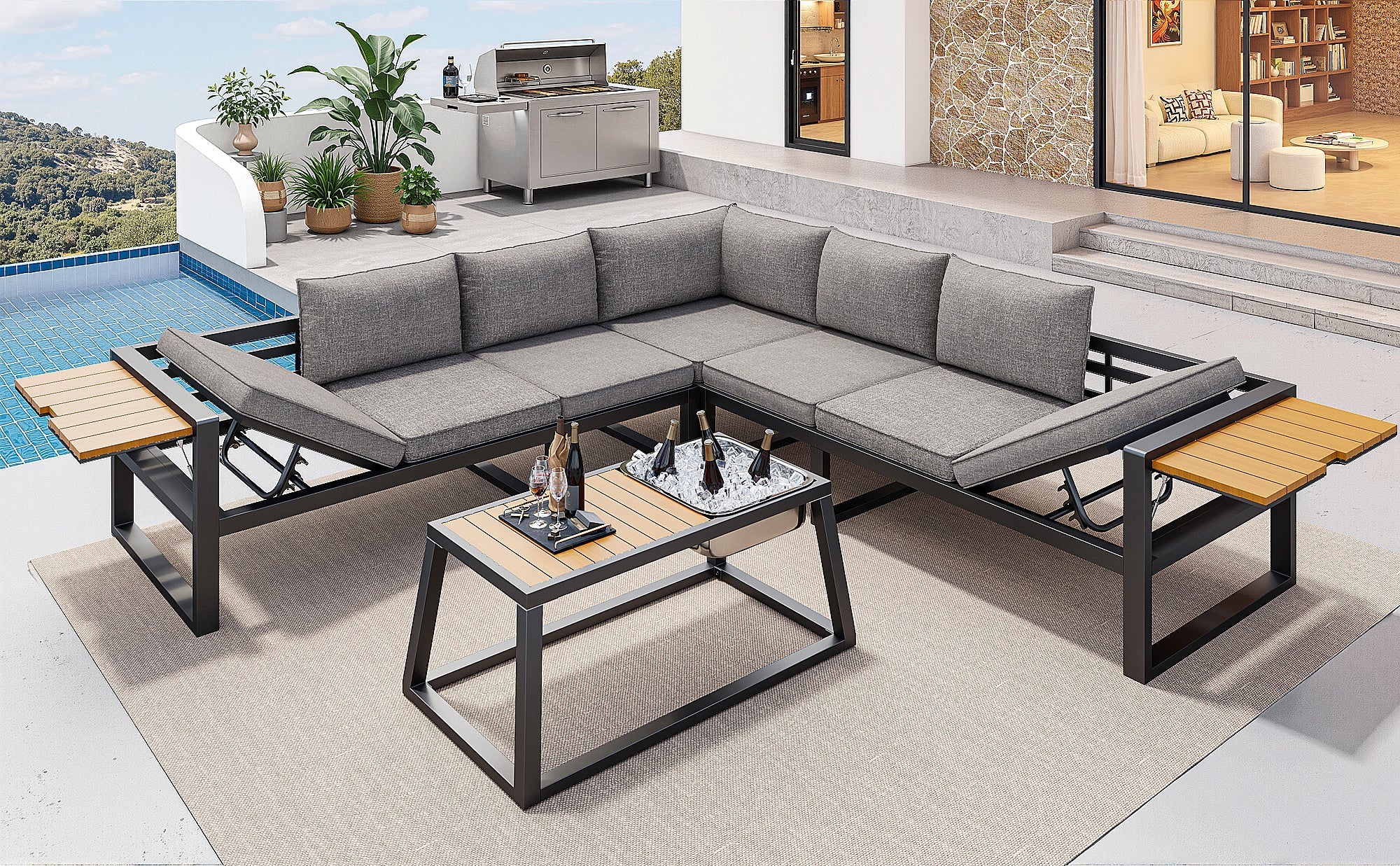 Modular Outdoor Sofa Set with Adjustable Backrest and Metal Ice Bucket, Grey/Beige
