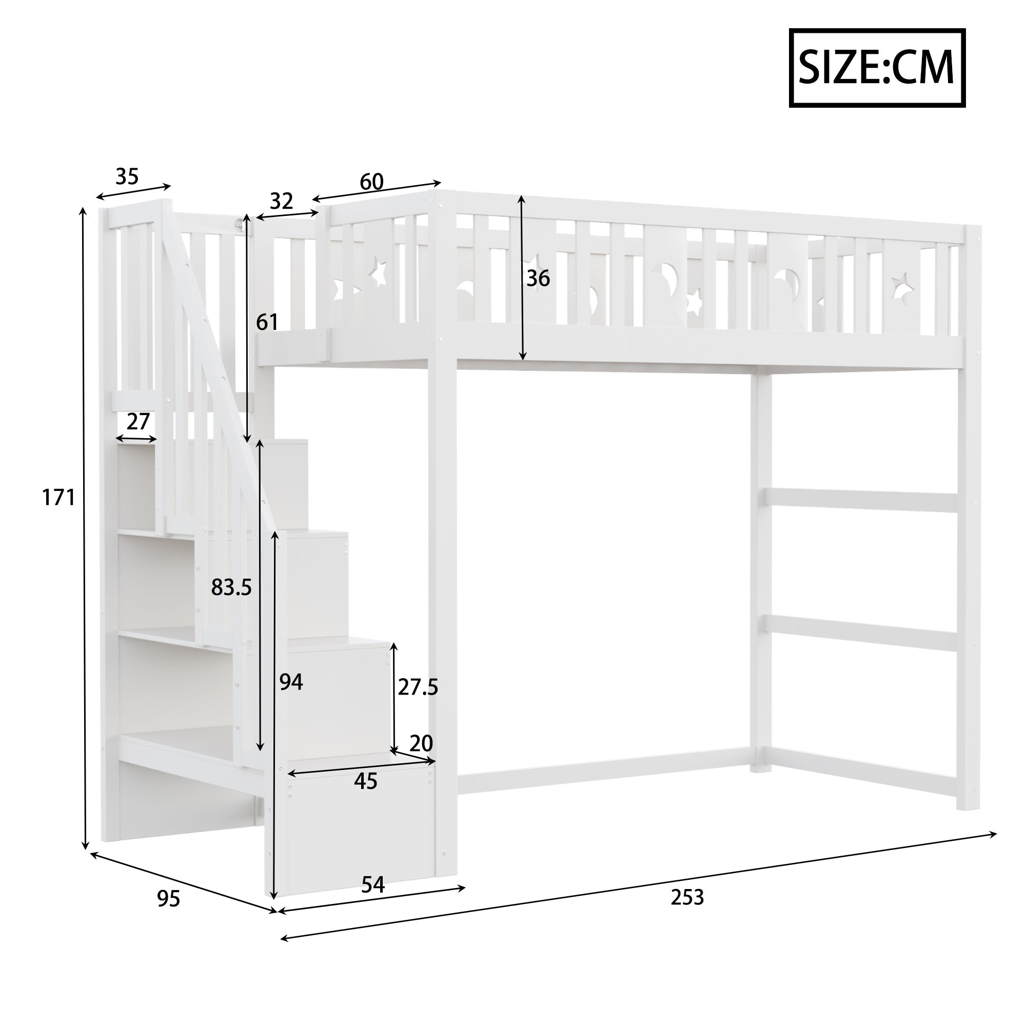 Bunk Bed, 90x200 with Stairs, Loft, Solid Wood, White