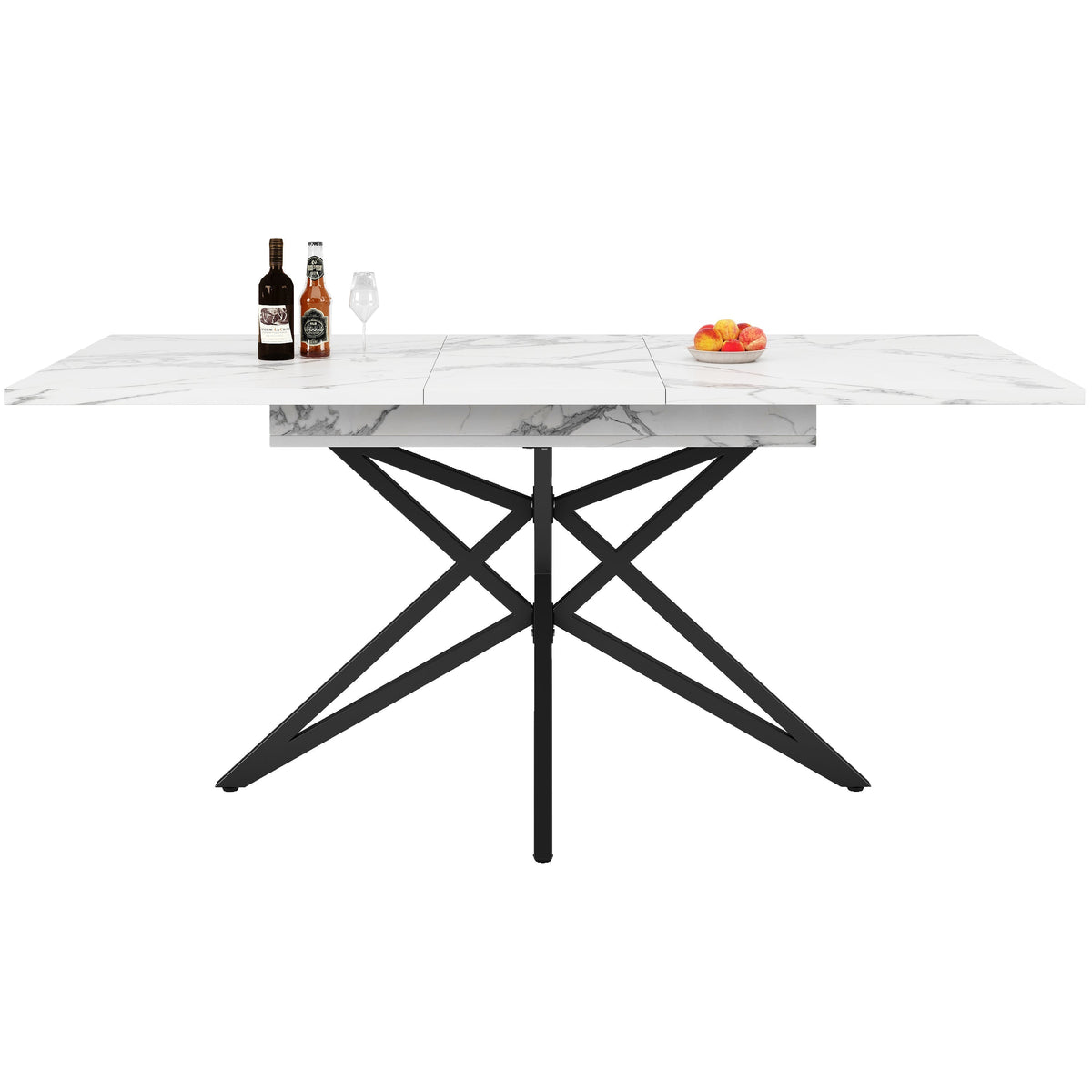 Extendable Dining Table 120(160)x80cm Star-Shaped Legs - Walnut/Marble Look Black