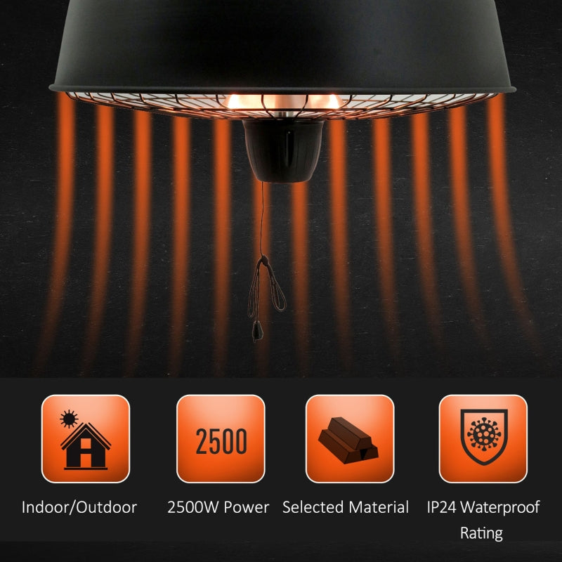 Adjustable Power Electric Patio Heater 1000/2500W Infrared Halogen Ceiling Mount - Black