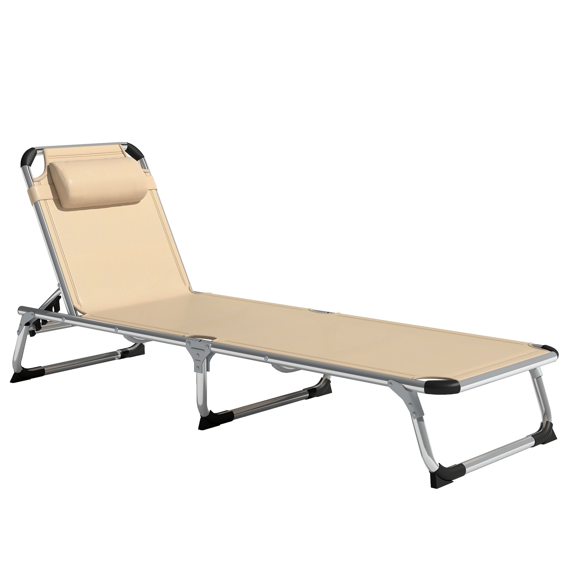 Foldable Outdoor Sun Lounger, Reclining 4-Level Adjustable Back with Pillow, Khaki Aluminium Frame