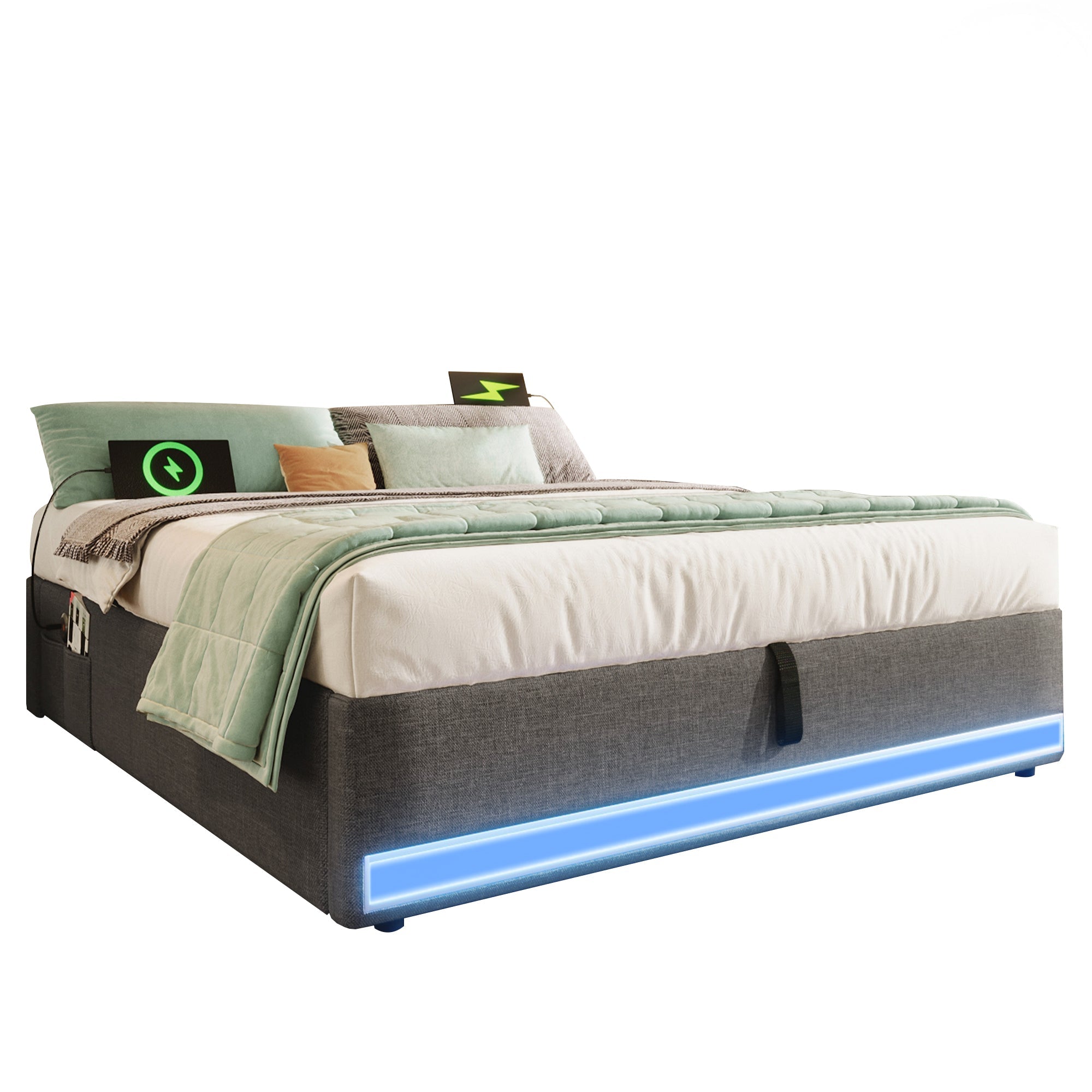 Upholstered Bed 140x200cm Hydraulic Storage LED USB/Type-C Pockets No Headboard - Grey
