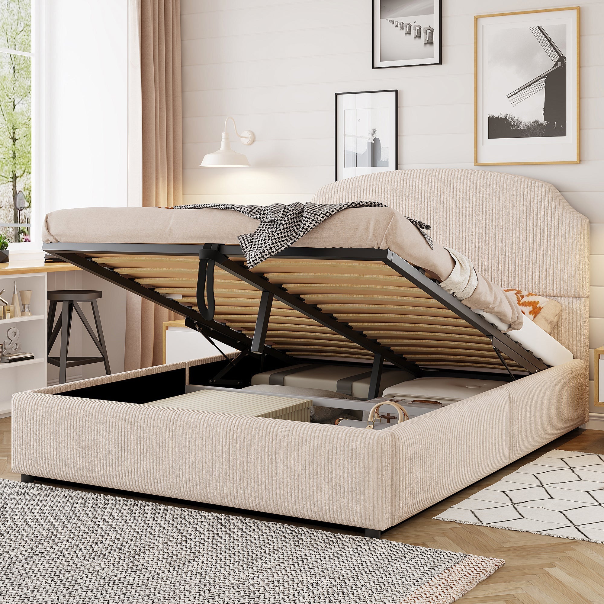 Upholstered Double Bed 140x200 with Hydraulic Storage and Wide Headboard, Beige Striped Plush