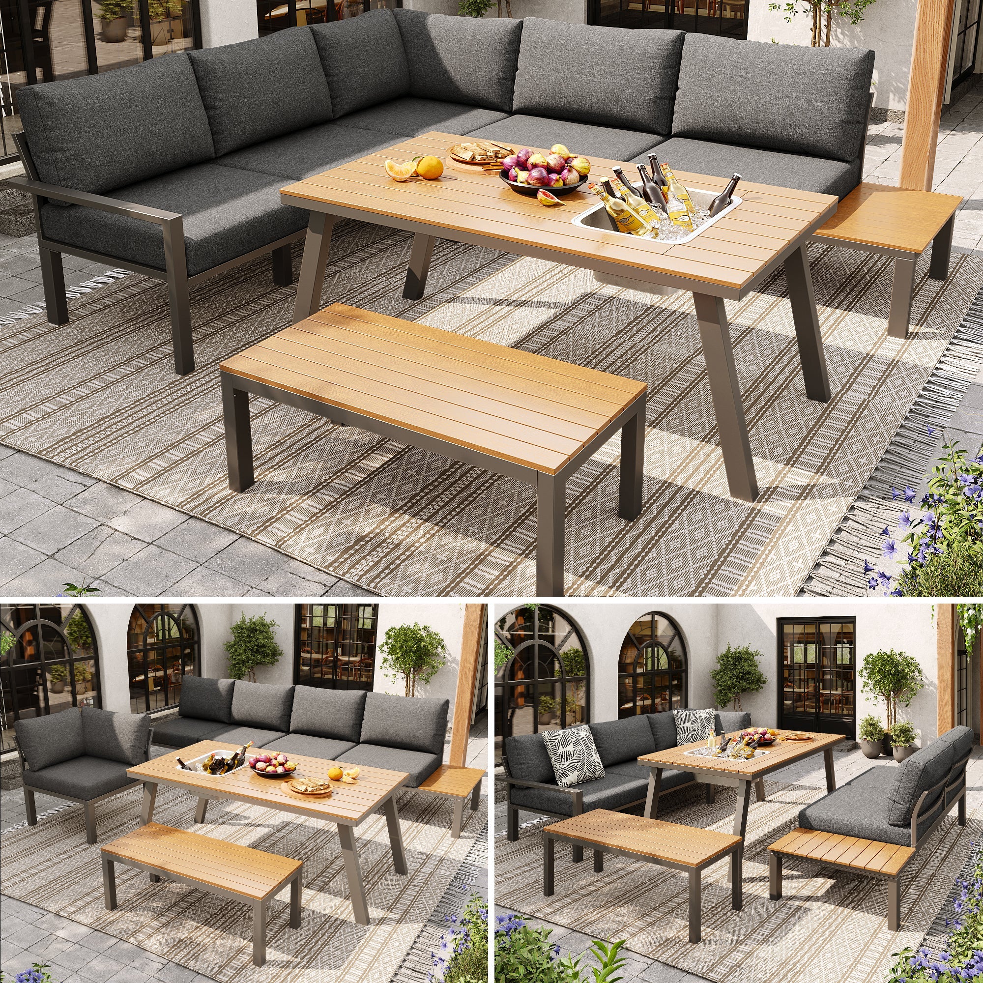 Garden Lounge Set 6-7 Seater Dining Table Ice Bucket - Galvanized Iron Frame