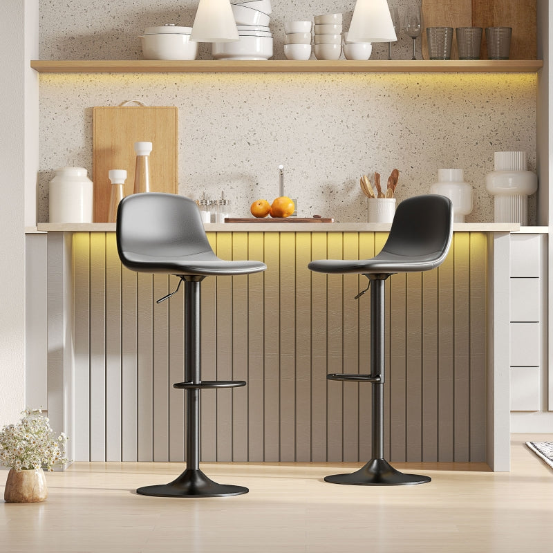 Bar Stool Set of 2, Height-Adjustable Swivel with Backrest & Footrest, Faux Leather, Black