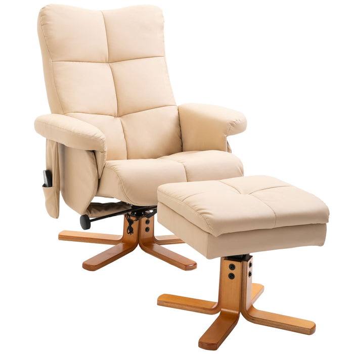 Reclining Massage Chair with Footstool, Storage, 145° Tilt, Polyester Cream White