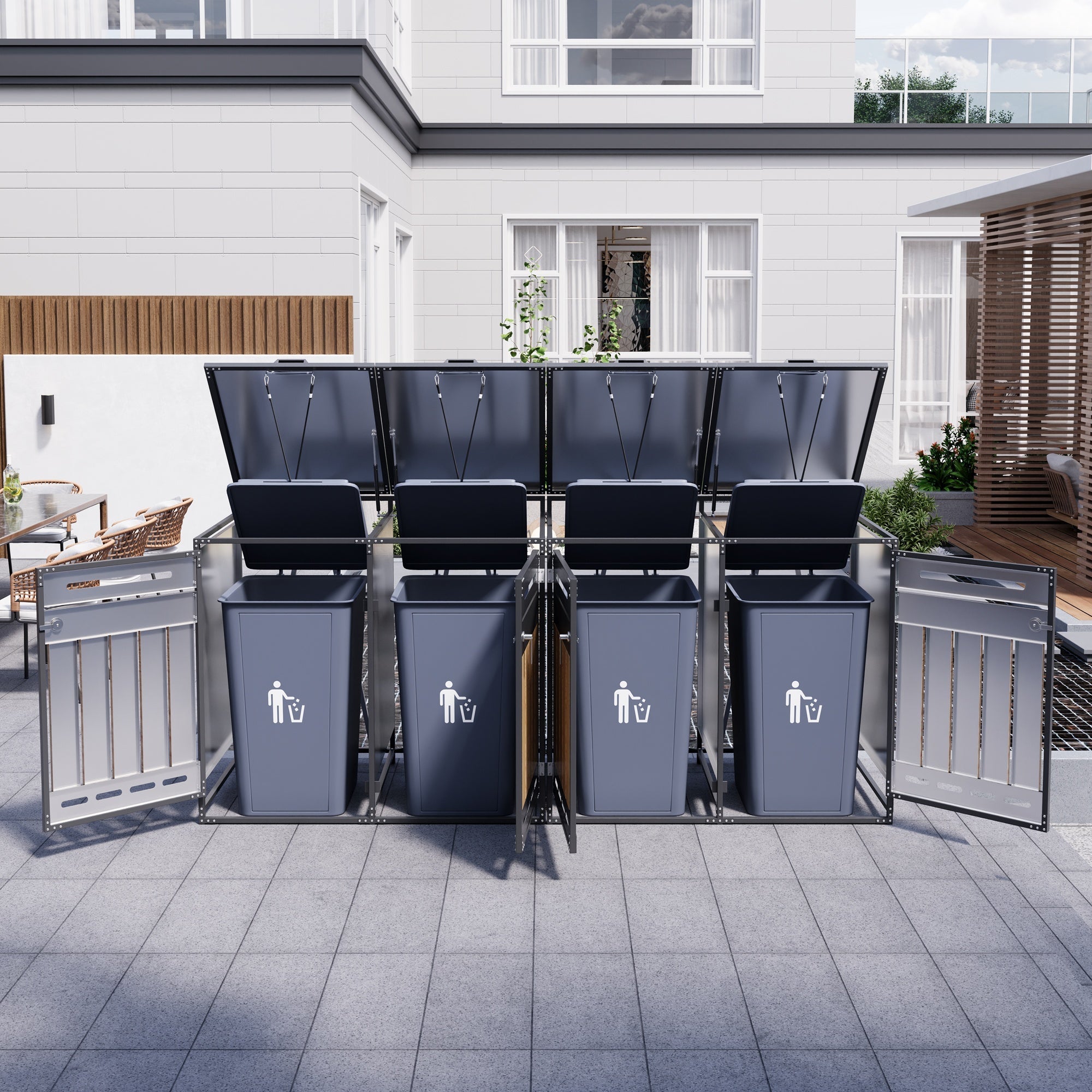 Bin Storage Cabinet, Set of 4 with Hydraulic Lids and Vertical Cladding, Iron Wood-Look