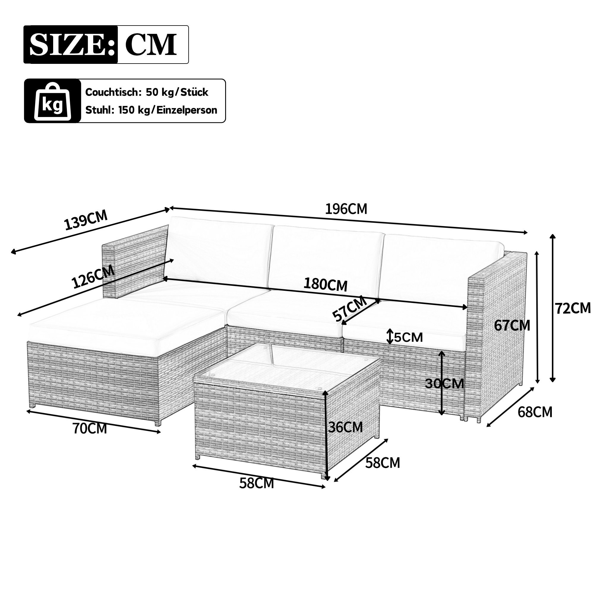 Polyrattan Lounge Sofa Set with Corner Sofa and Glass Top Table, Grey