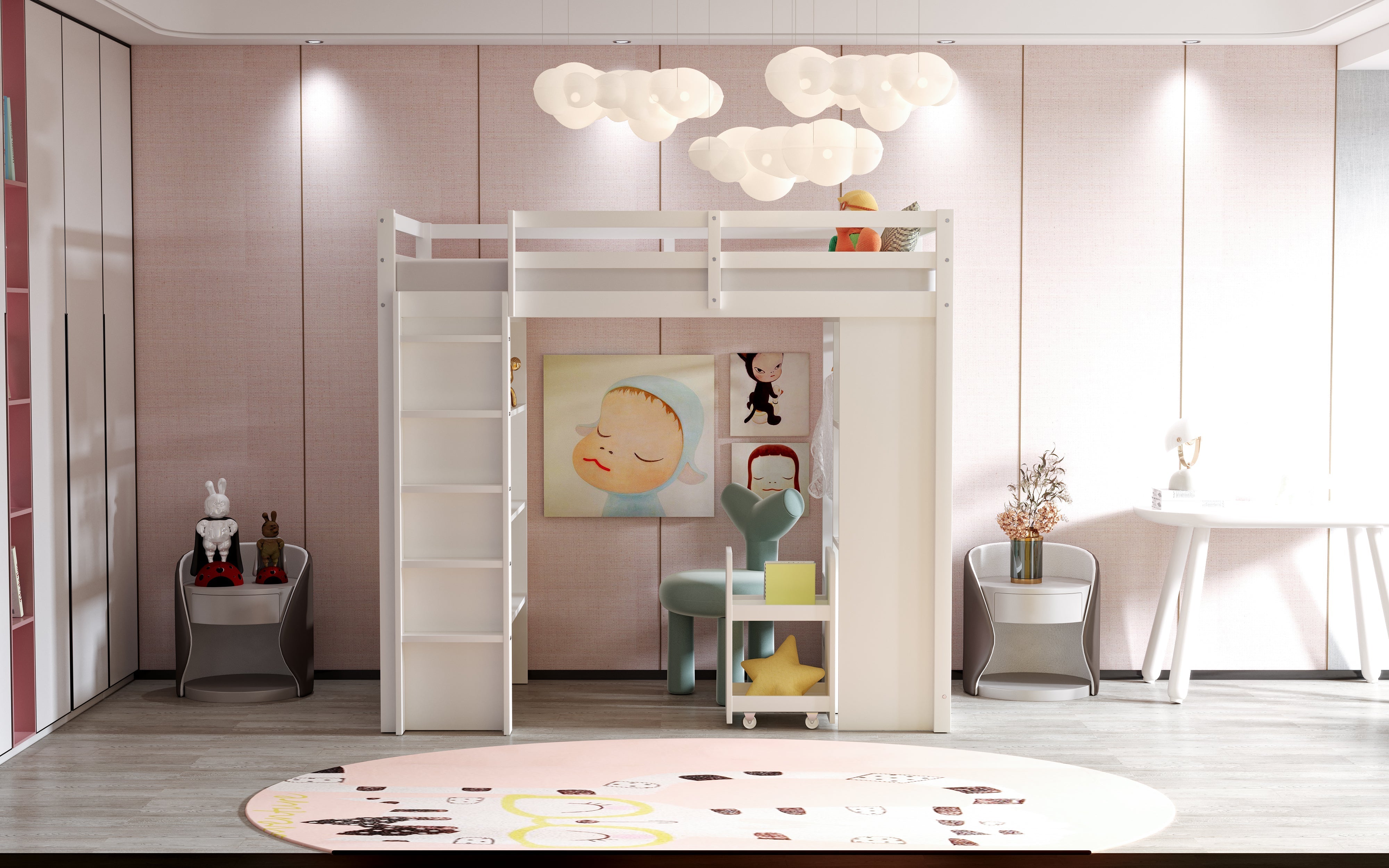 Children's Loft Bed, Multi-Level Shelves, Hangers, Storage, Removable Trolley, 90 x 200 cm, White