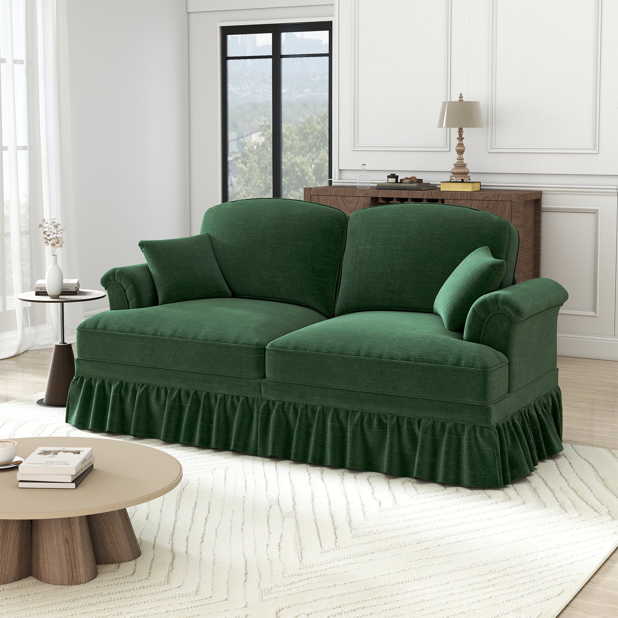 2-Seater Sofa Mid-Century Modern Flared Armrests Wooden Legs - Chenille Green