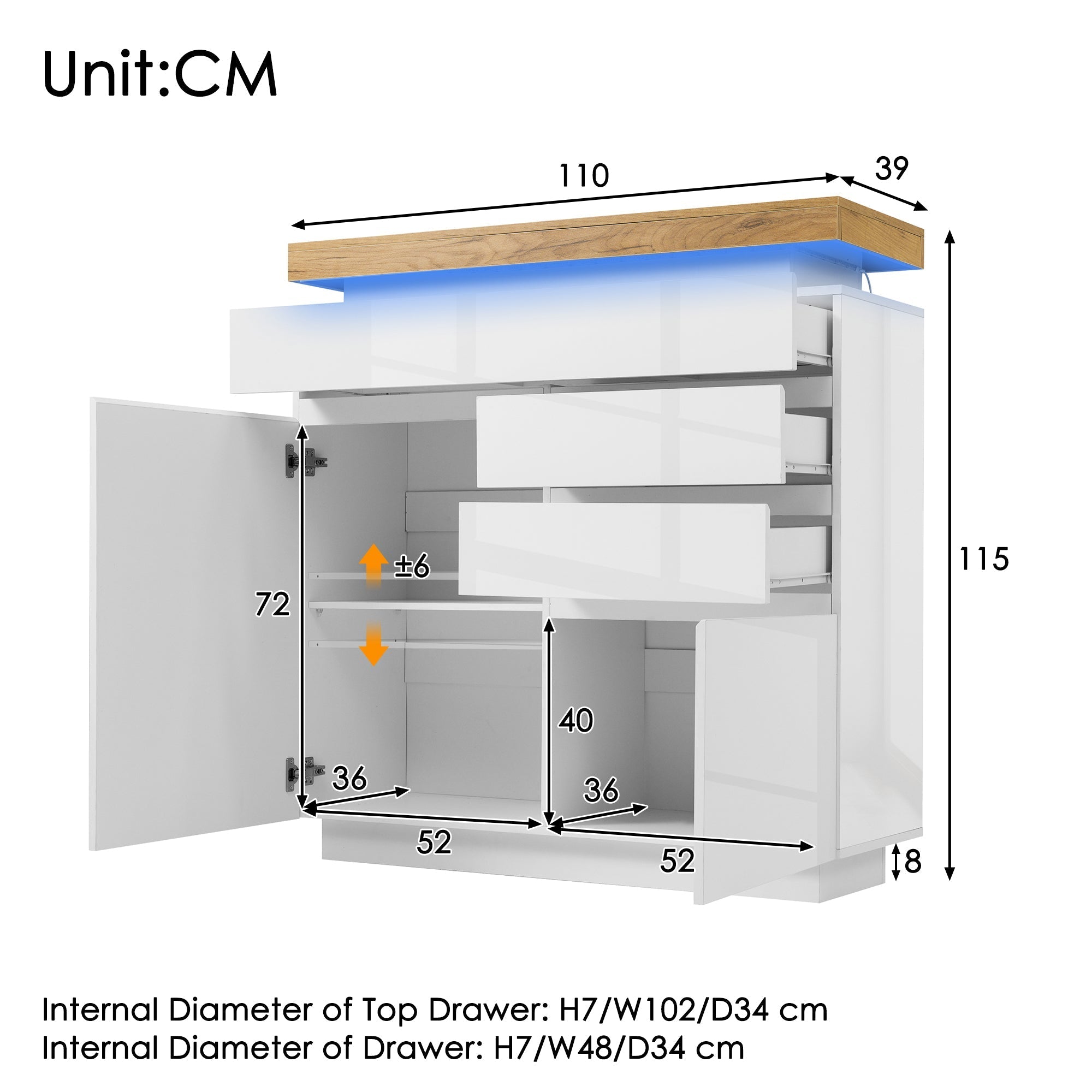Chest of Drawers, High-Gloss Sideboard 2 Doors 3 Drawers, LED, White