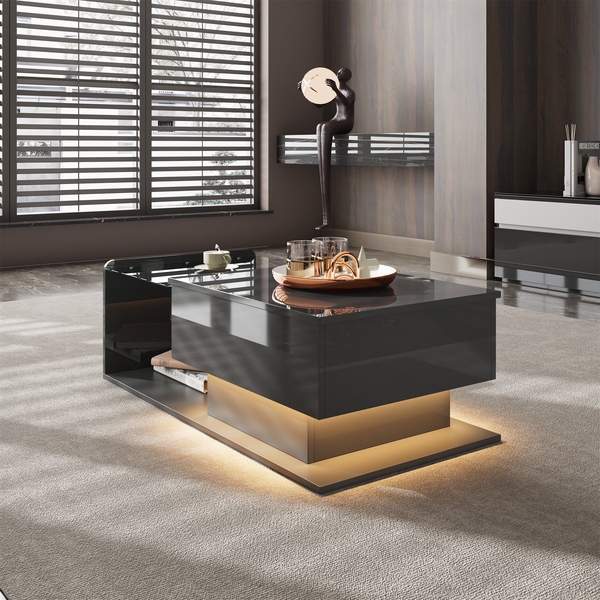 Coffee Table with Glass & LED, High-Gloss Black