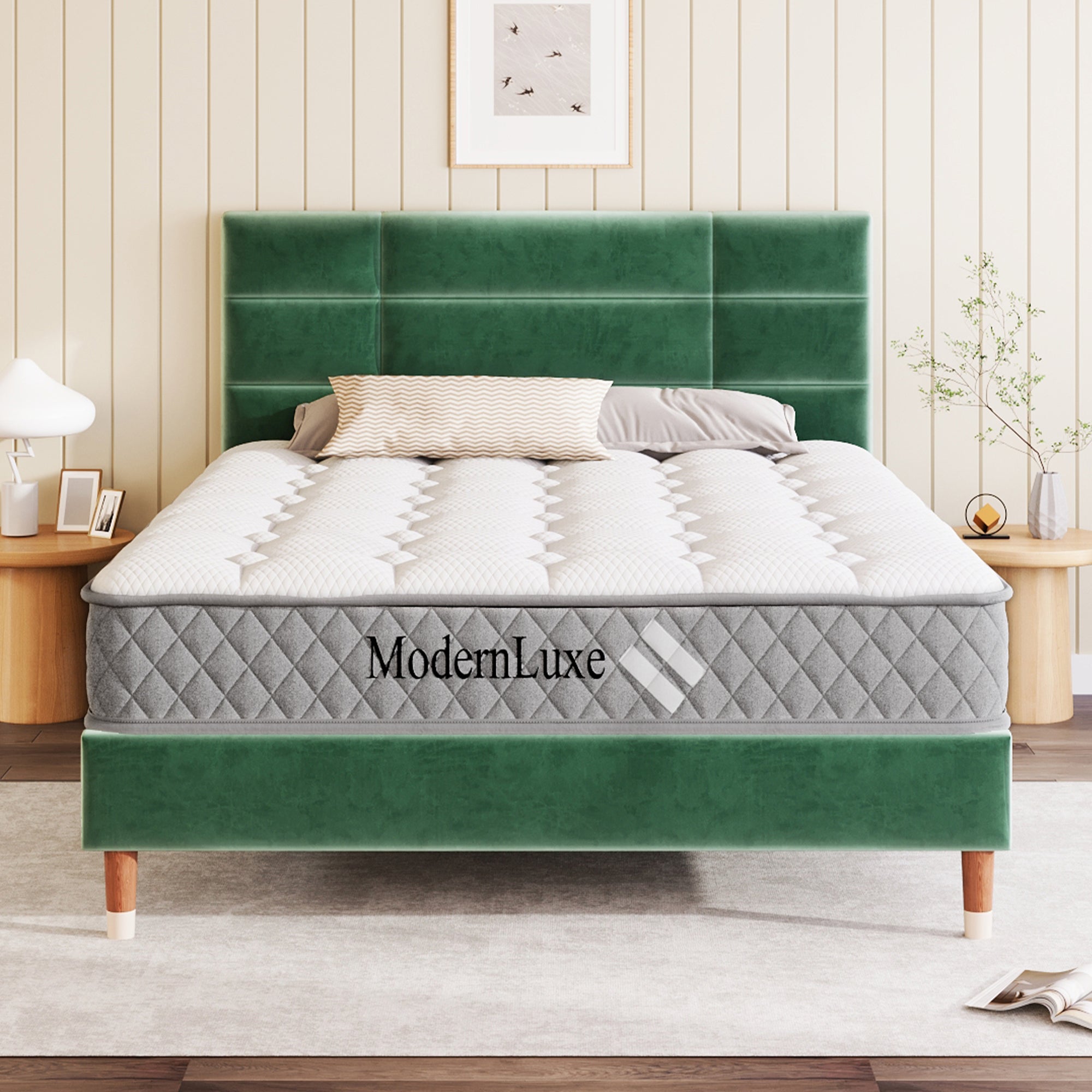 Upholstered Bed, 140x200cm Double with Slatted Frame & Headboard, Dark Green Velvet