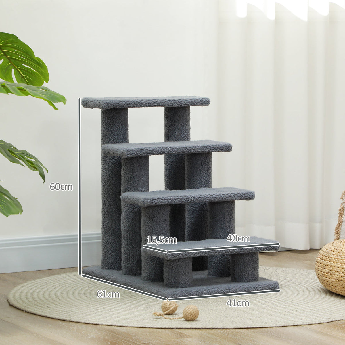 PawHut Pet Stairs 4 Steps for Cats and Dogs, Grey