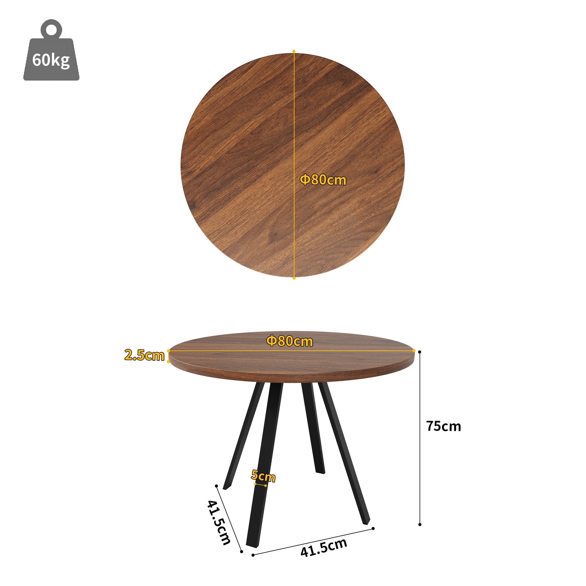Round Dining Table 80cm Kitchen Coffee Table for 4 Metal Legs Walnut & Black
