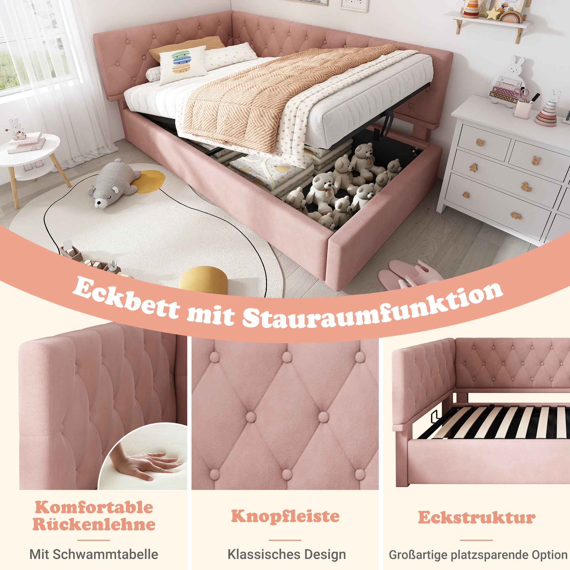Upholstered Daybed, 90x190cm Sofa Bed with Hydraulic Storage, Velvet Pink