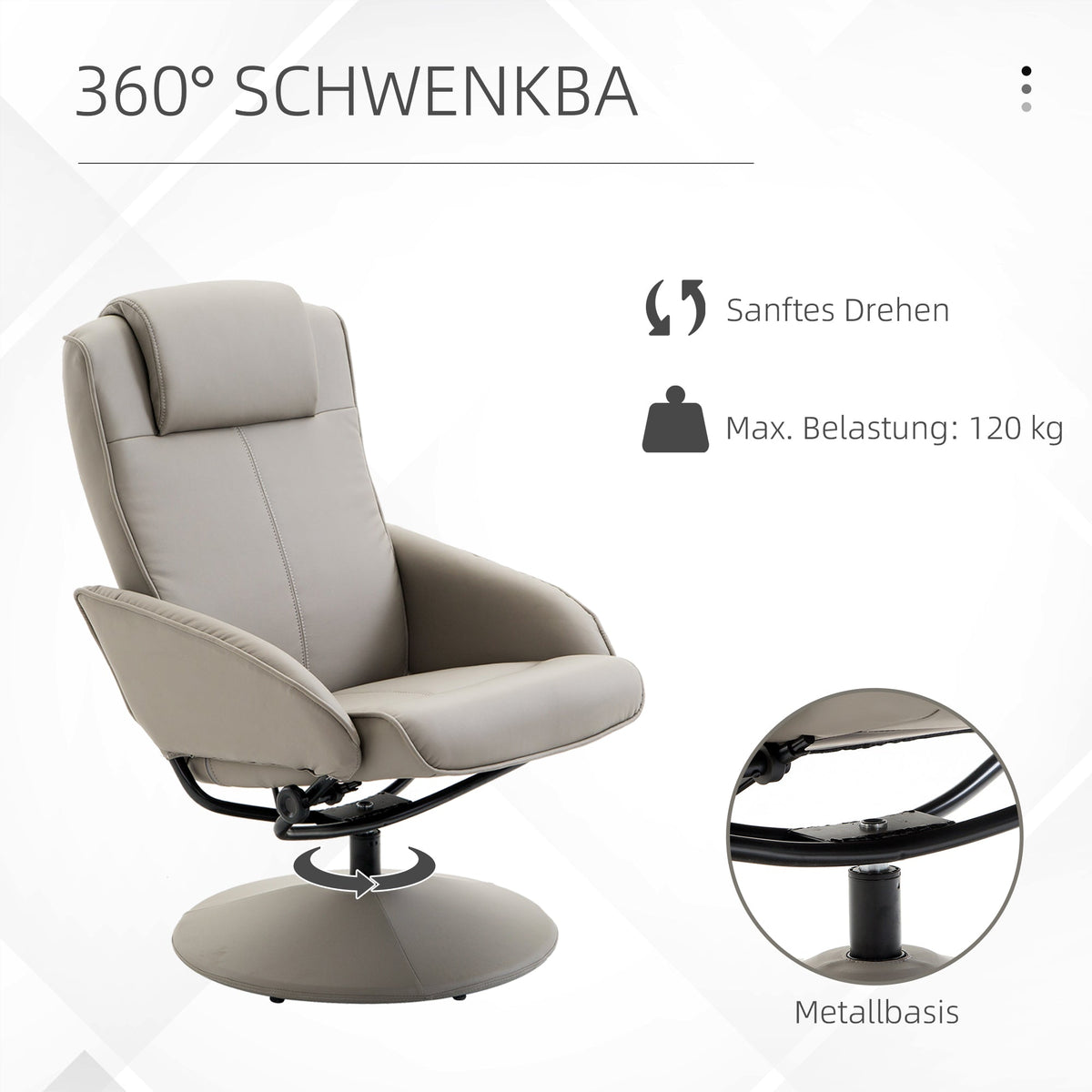 Reclining TV Armchair, 360° Swivel with Footrest, Grey