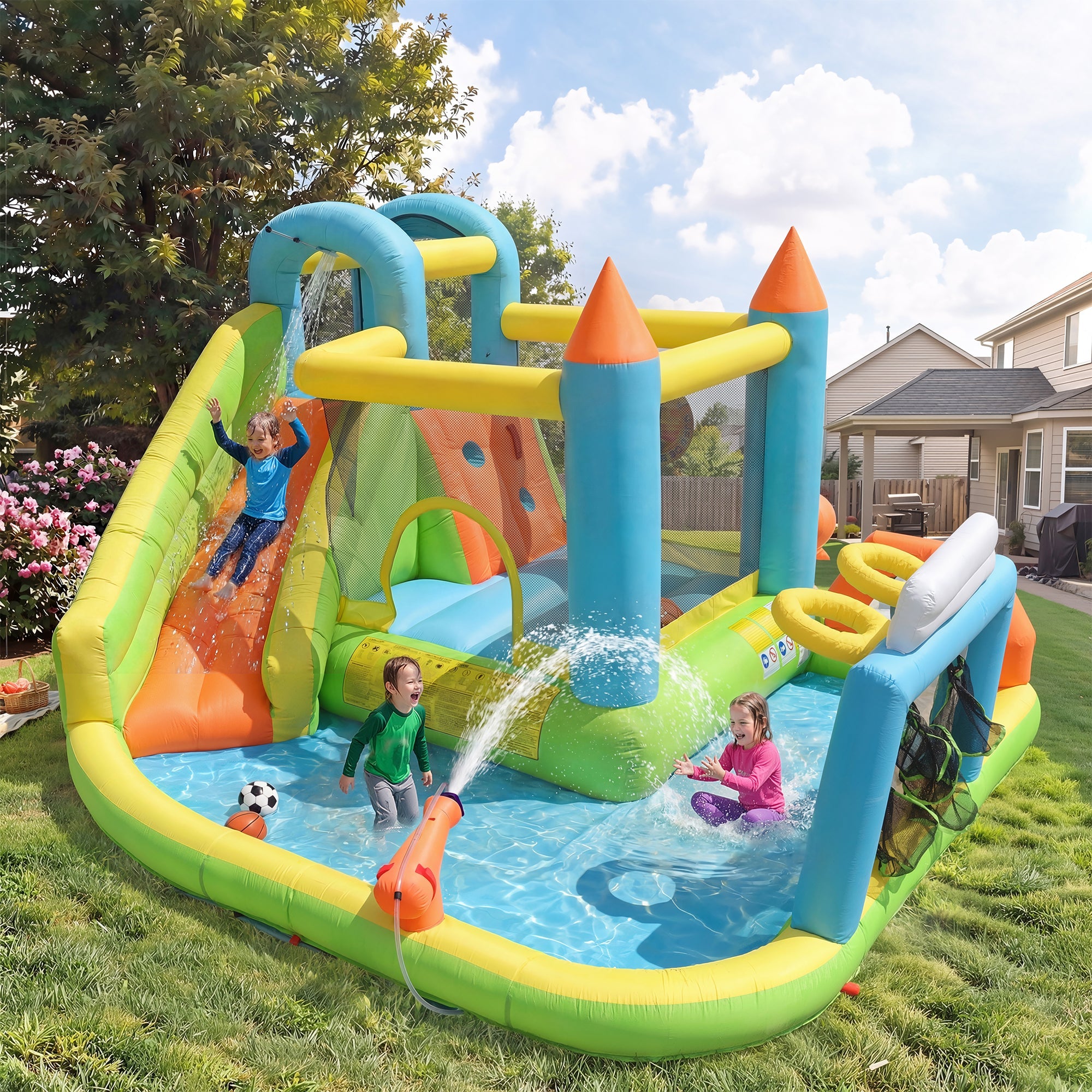 Inflatable Bouncy Castle with Slide, Water Pool and Basketball Hoop, 360x320x200cm, Multicolor