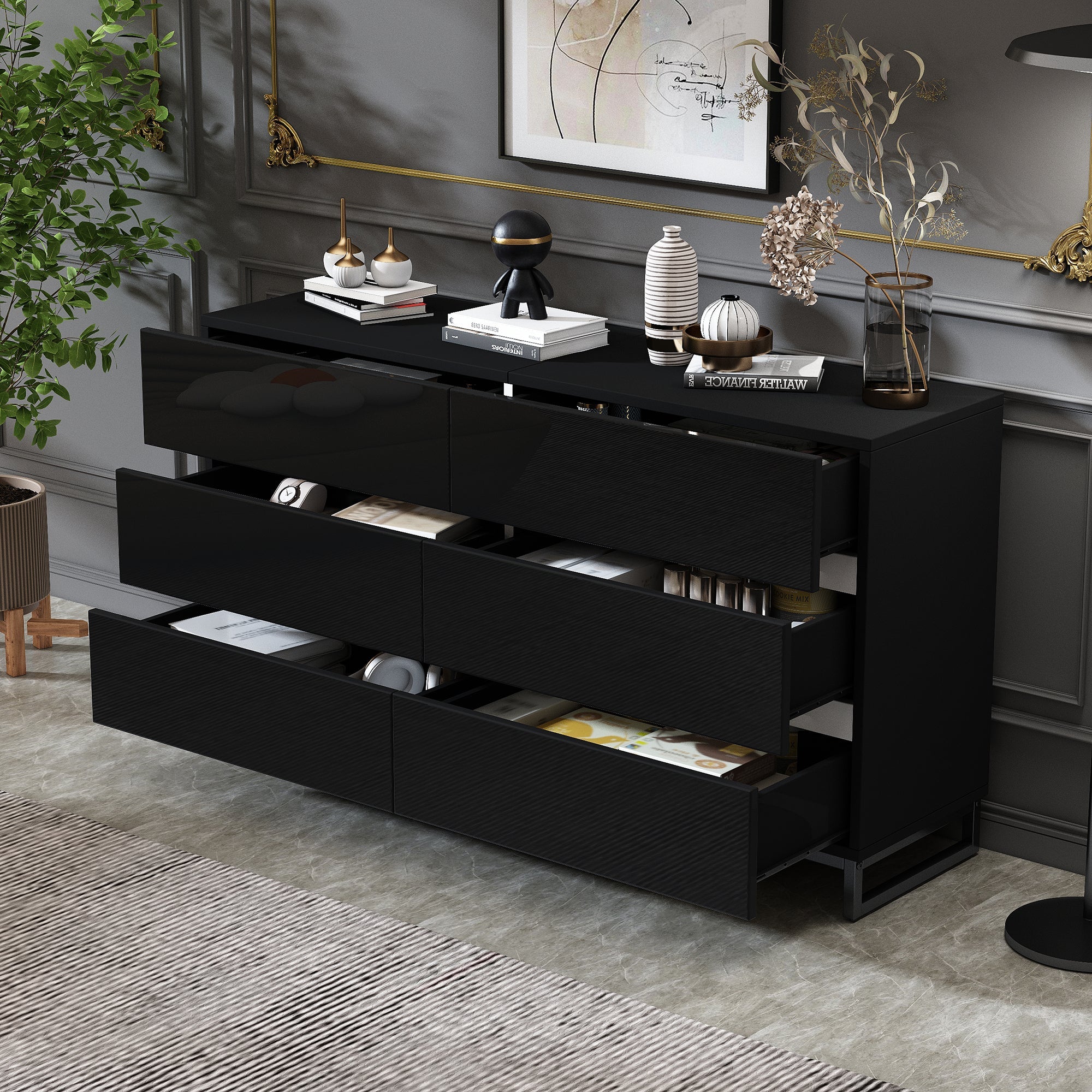 Living Room Sideboard, High-Gloss 6-Drawer Cabinet with Metal Legs, White+Black