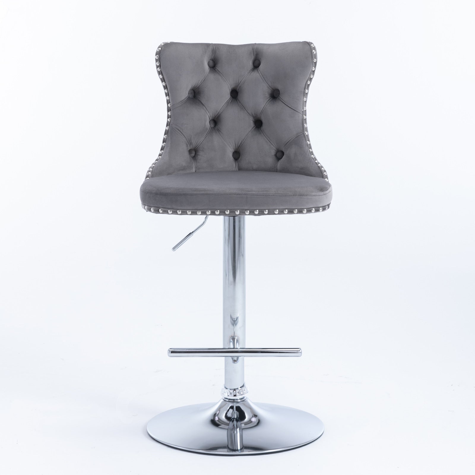 Swivel Barstools Adjustable Height Tufted Back Chrome Base Set of 2 - Velvet Gray