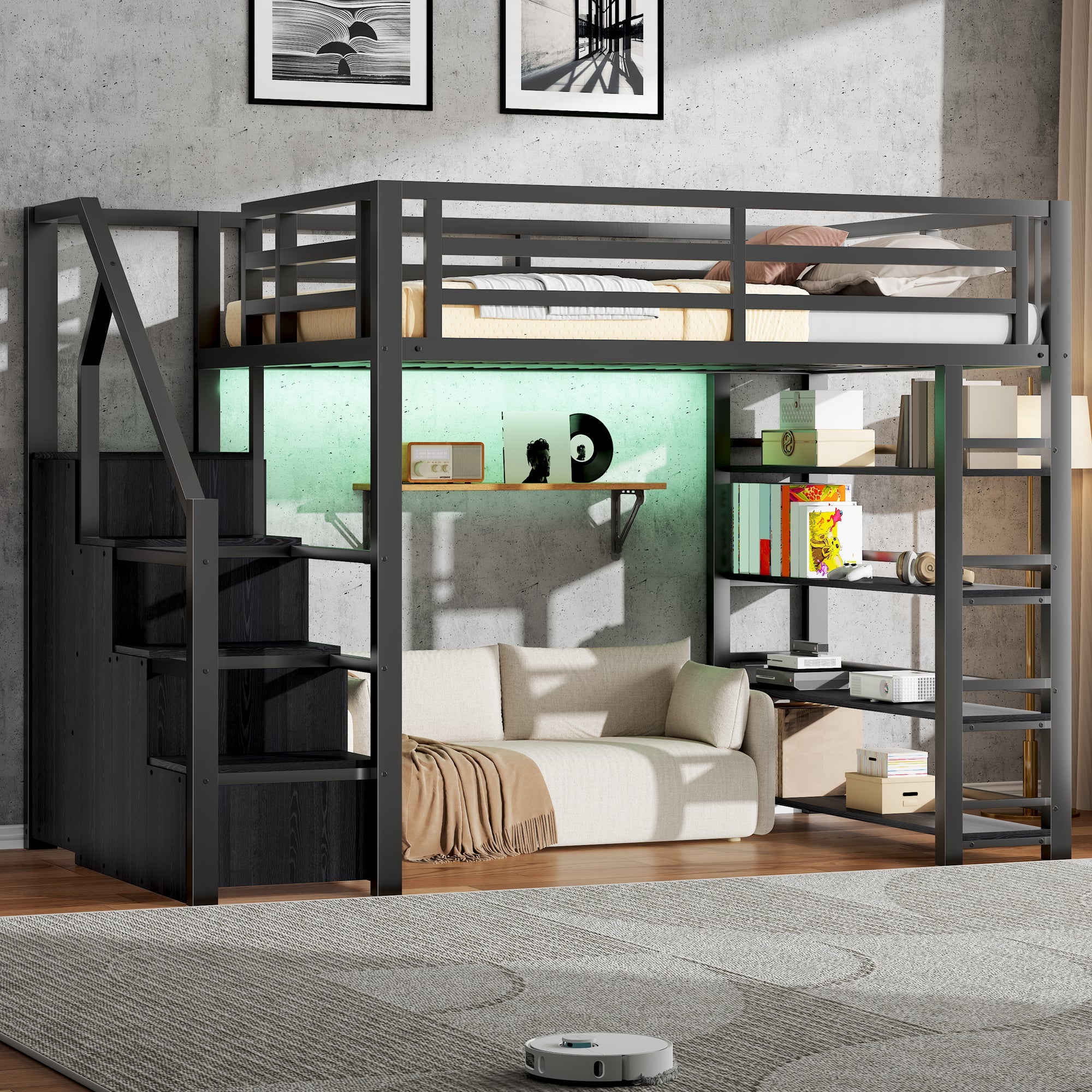 140x200 Metal Loft Bed with Wardrobe, Cabinets and LED Lighting, Black