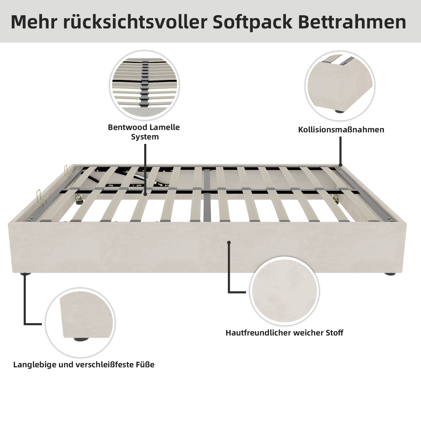 Bed Frame Modern Minimalist 160x200cm Gas Lift Storage - Beige Dutch Velvet