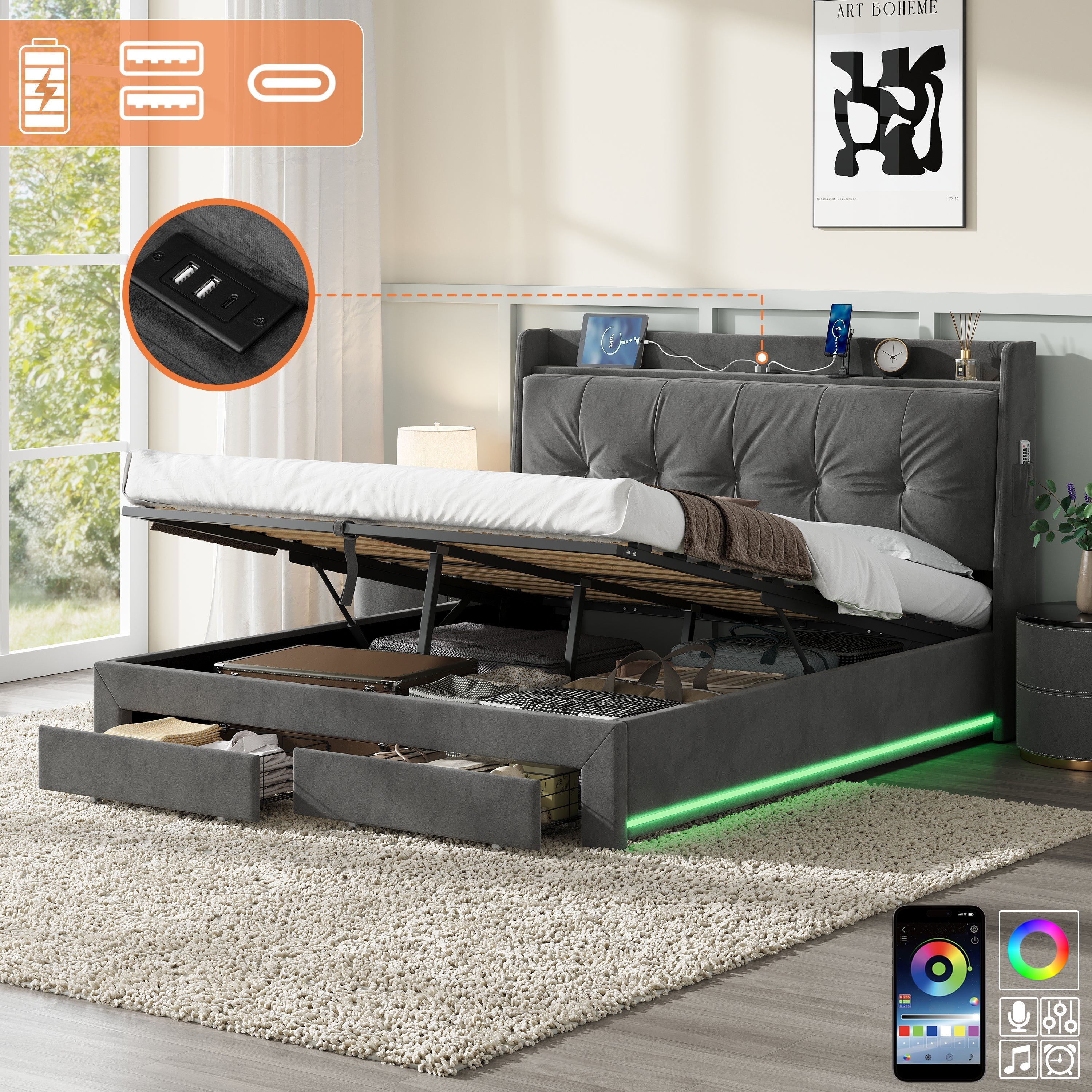 5ft King Upholstered Bed Frame with Hydraulic Storage, Charging Station, and RGB LED Lighting, Velvet Grey