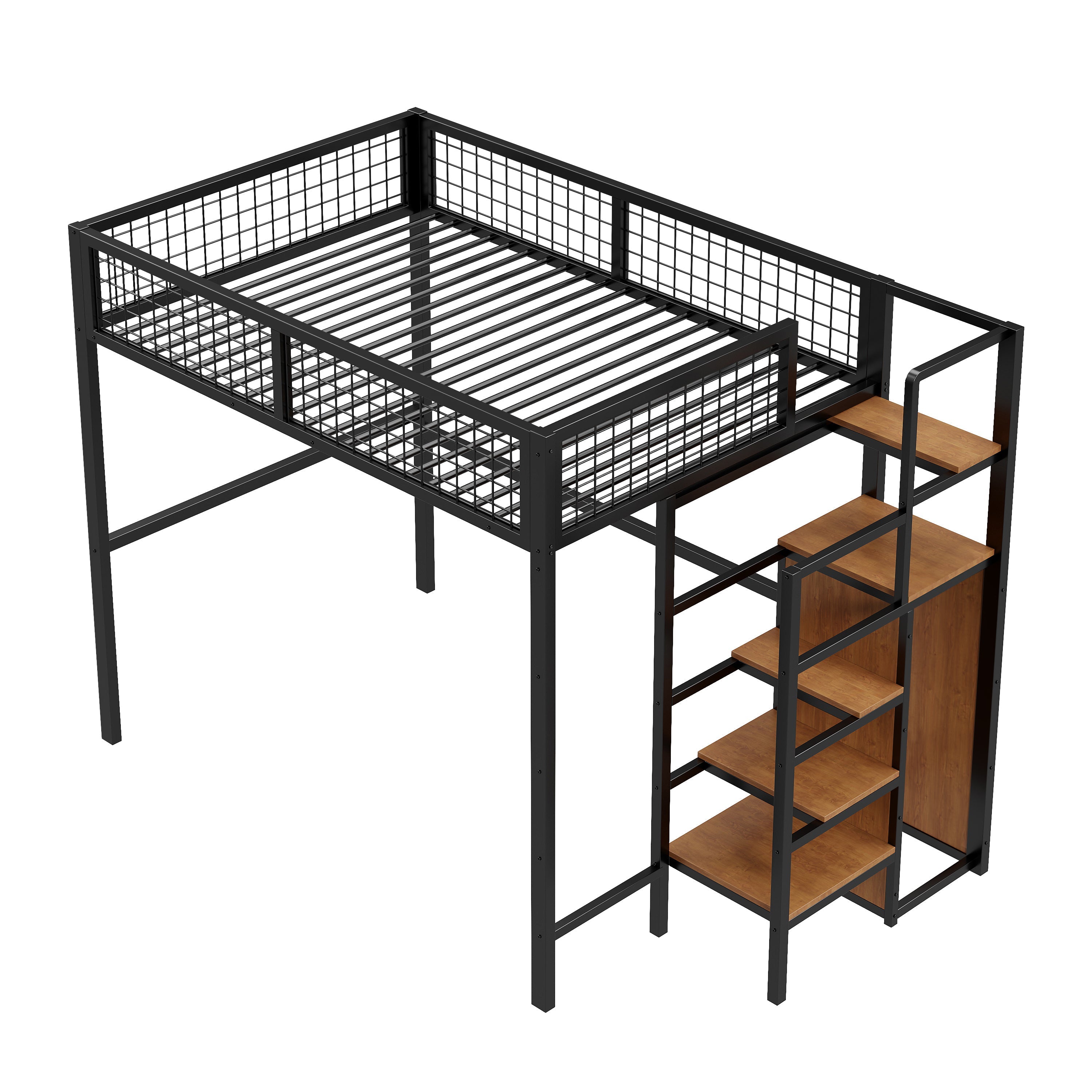 Loft Bed 140*200, Ladder & Storage, Iron Frame, Black