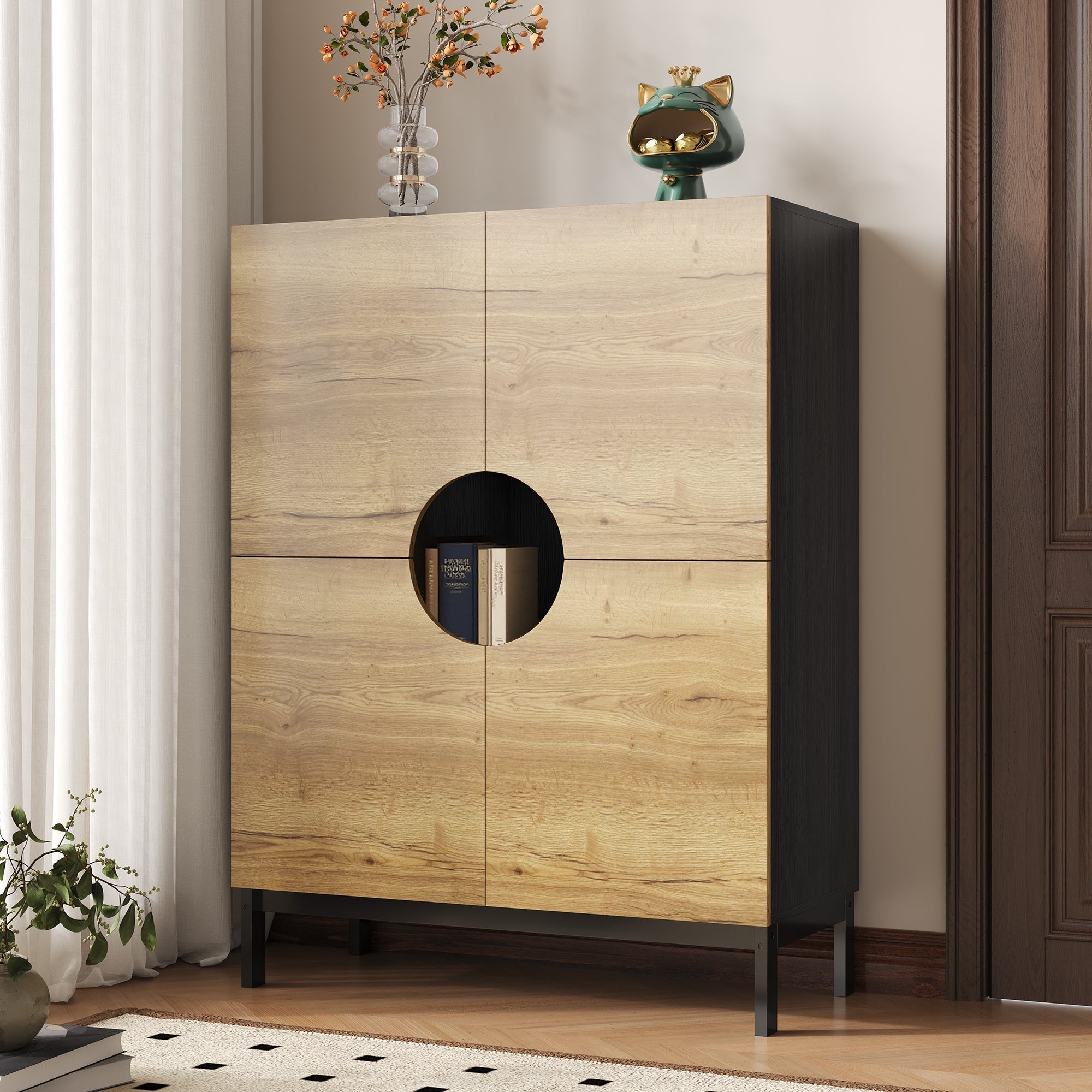 Shoe Cabinet & Display Cabinet 2-in-1, Adjustable Shelves, Solid Wood Legs, Wood Color