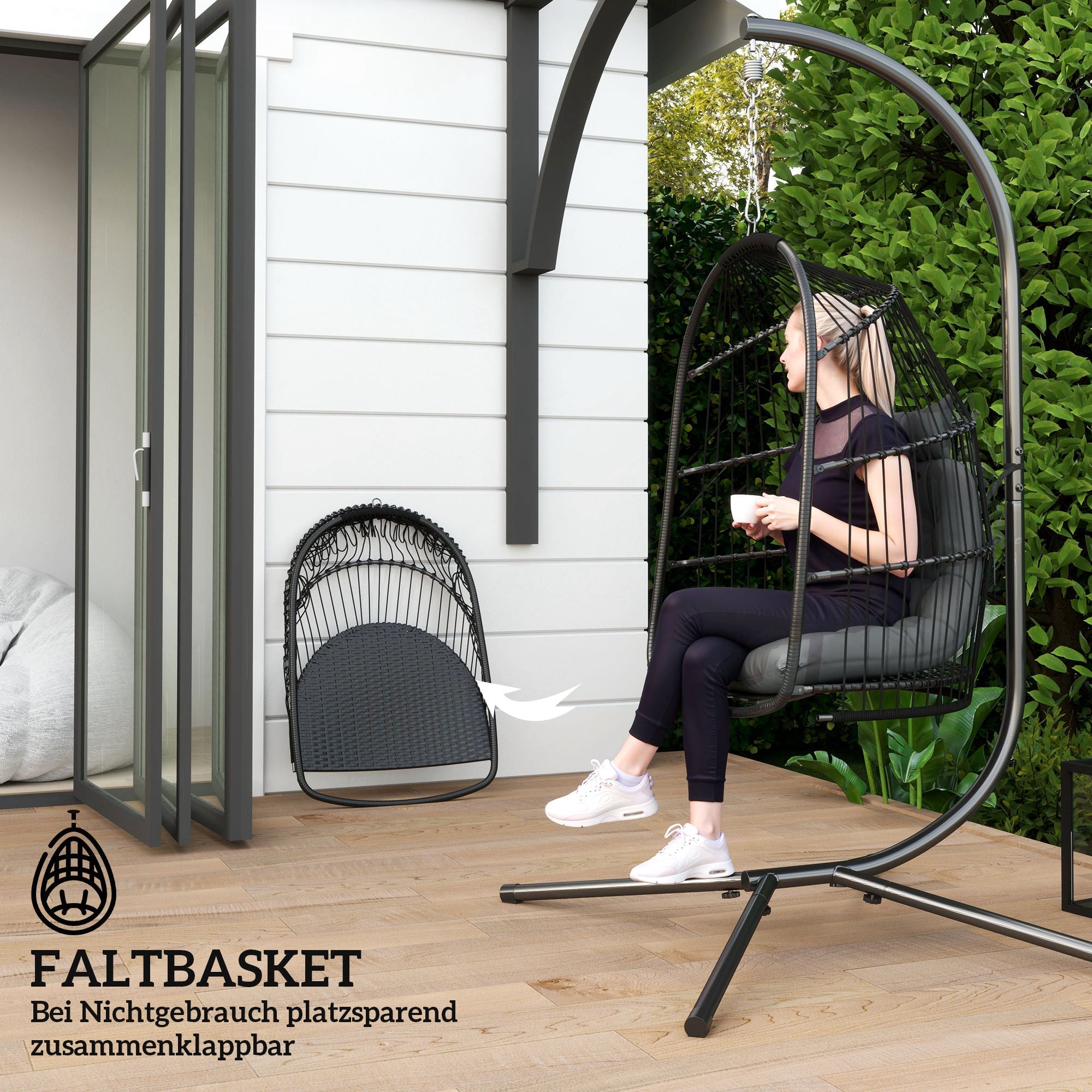 Hängesessel, klappbare Polyrattan-Schaukel, 150 kg Tragkraft, dunkelgrau