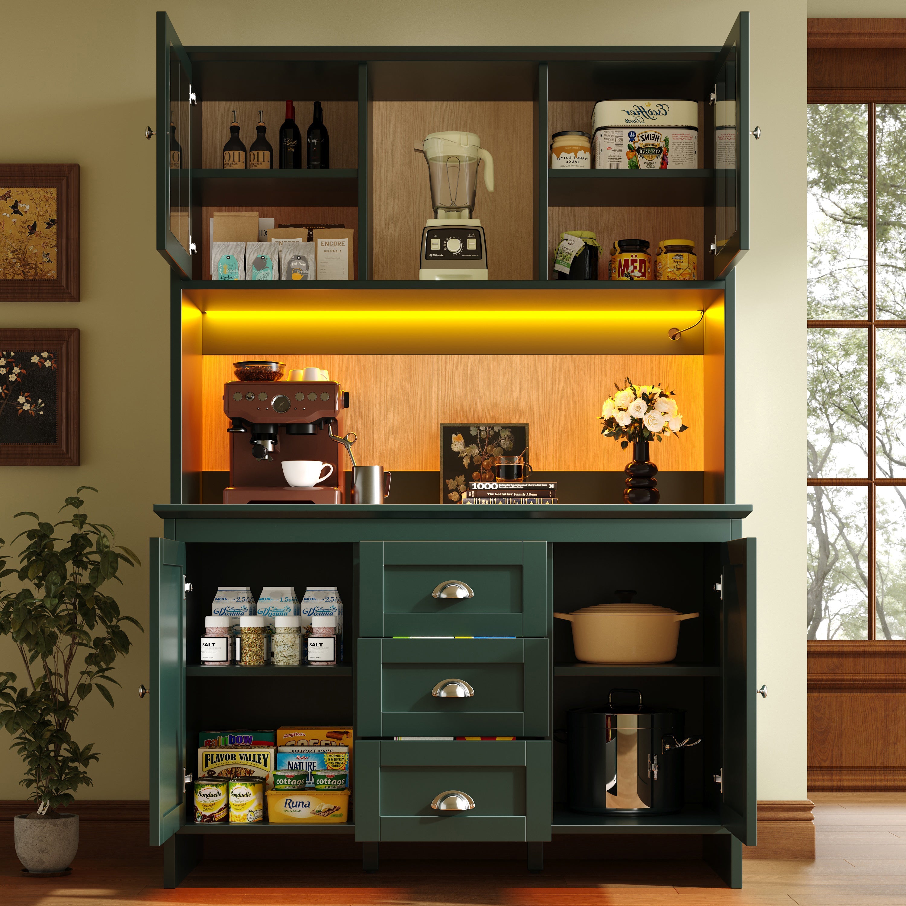 Tall Kitchen Cabinet Sideboard with Brown Glass Doors and LED Lighting, Green