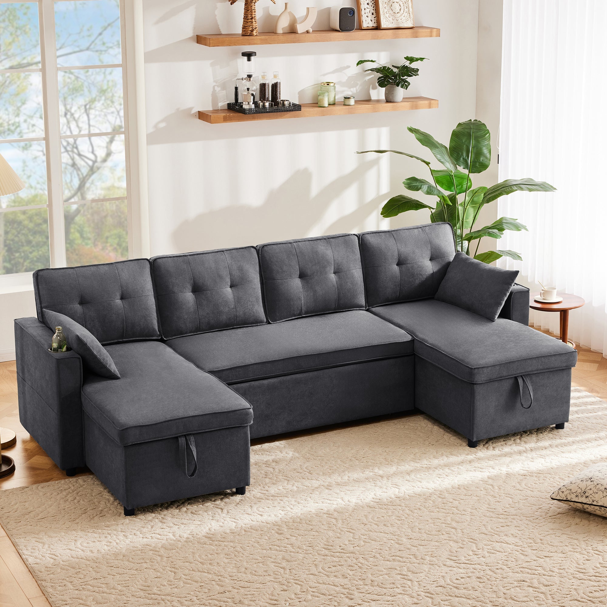 Sleeper Sofa U-Shaped with Storage & Cup Holders, Cotton and Linen Fabric
