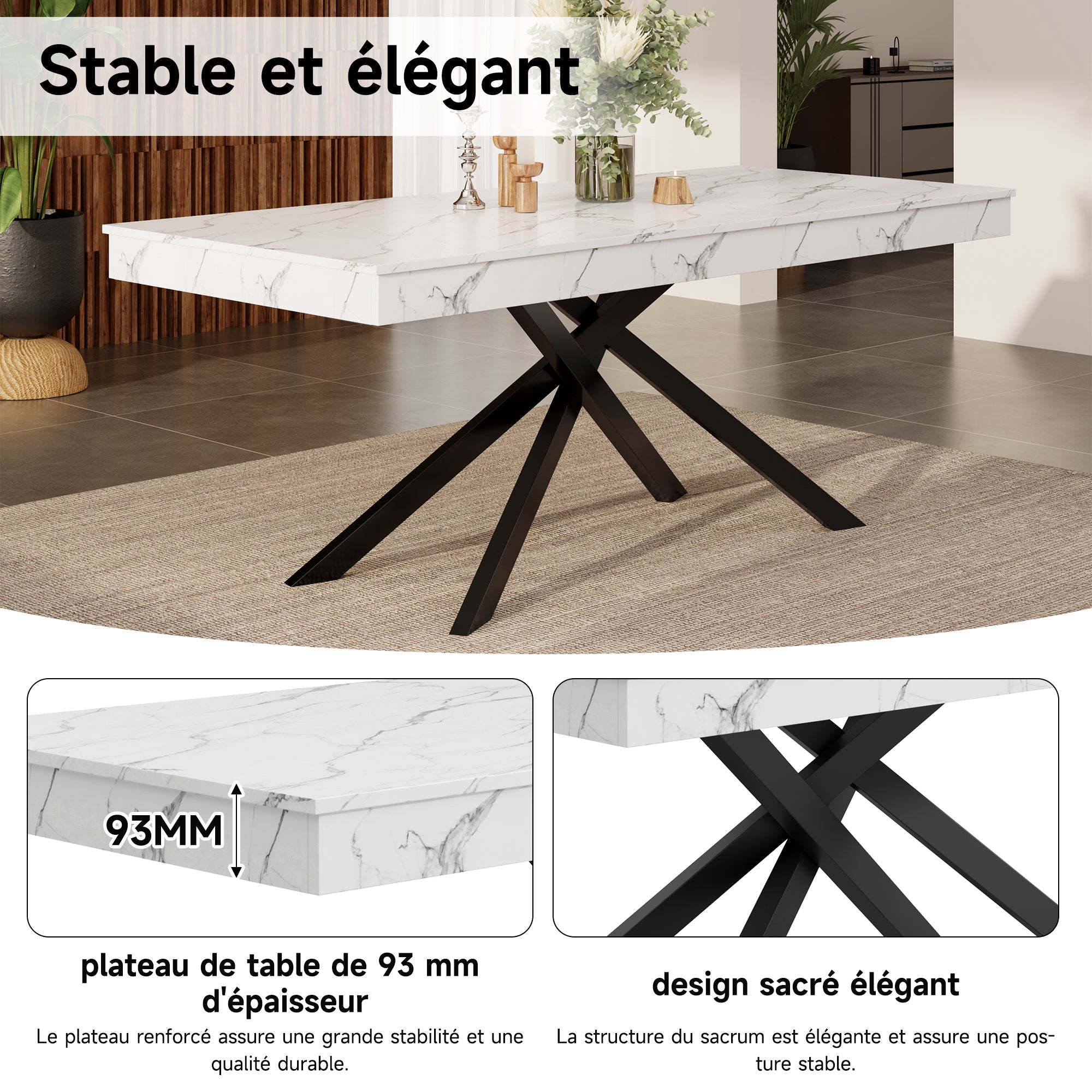 Extendable Dining Table 140/180x80cm Rectangular 6-8 Seater Metal Legs - White