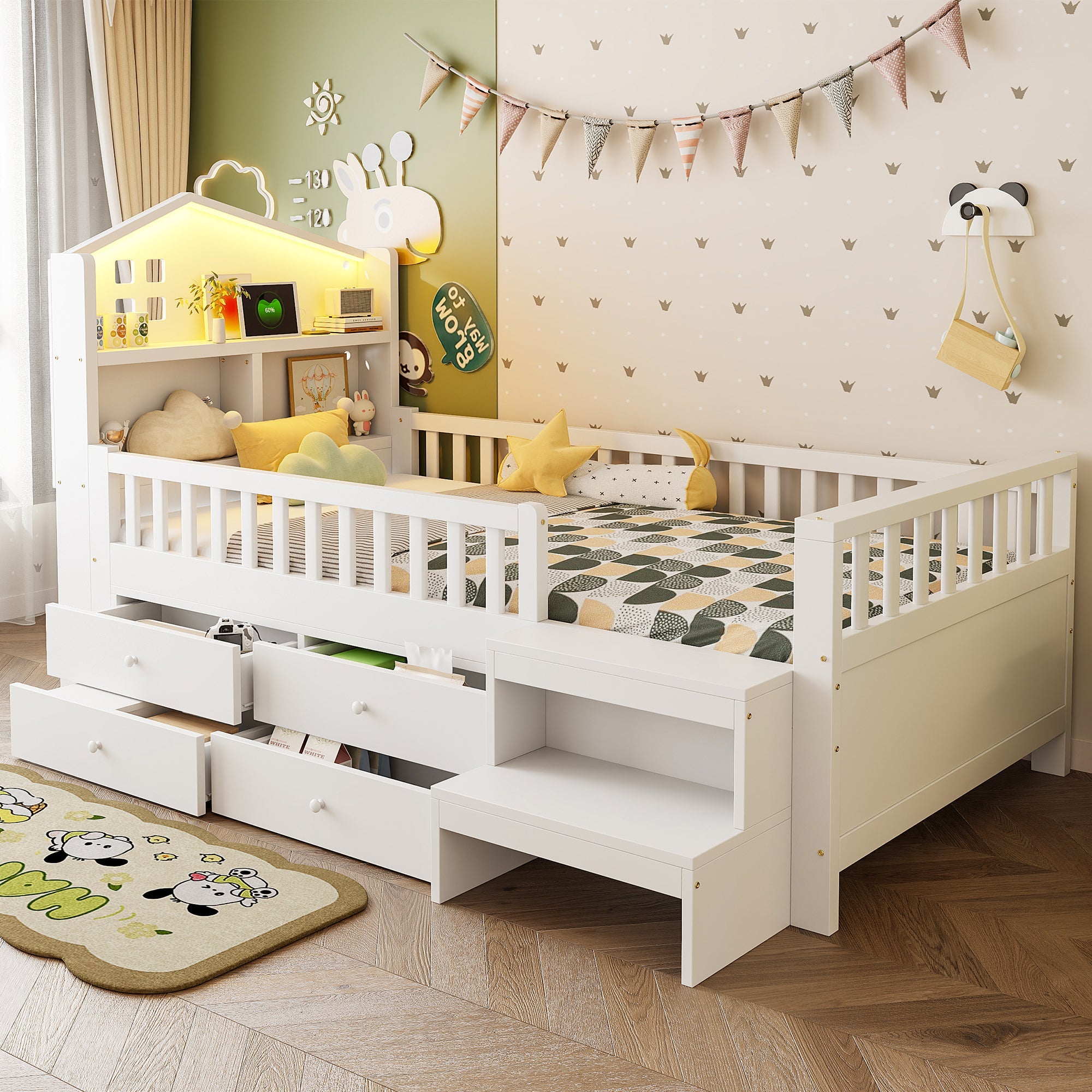 Children's Single Bed with 4 Storage Drawers, LED Lights, USB and Type-C Charging Ports, 90x200cm, White Solid Wood