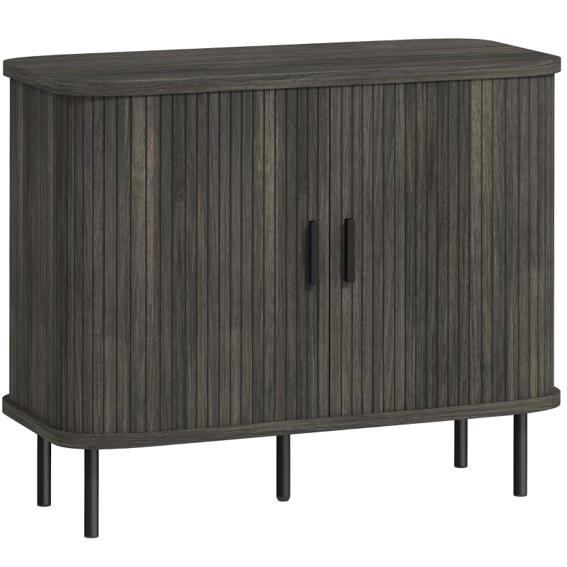 Mid-Century Modern Sideboard Storage Cabinet Slatted Tambour Sliding Doors Steel Legs Grey