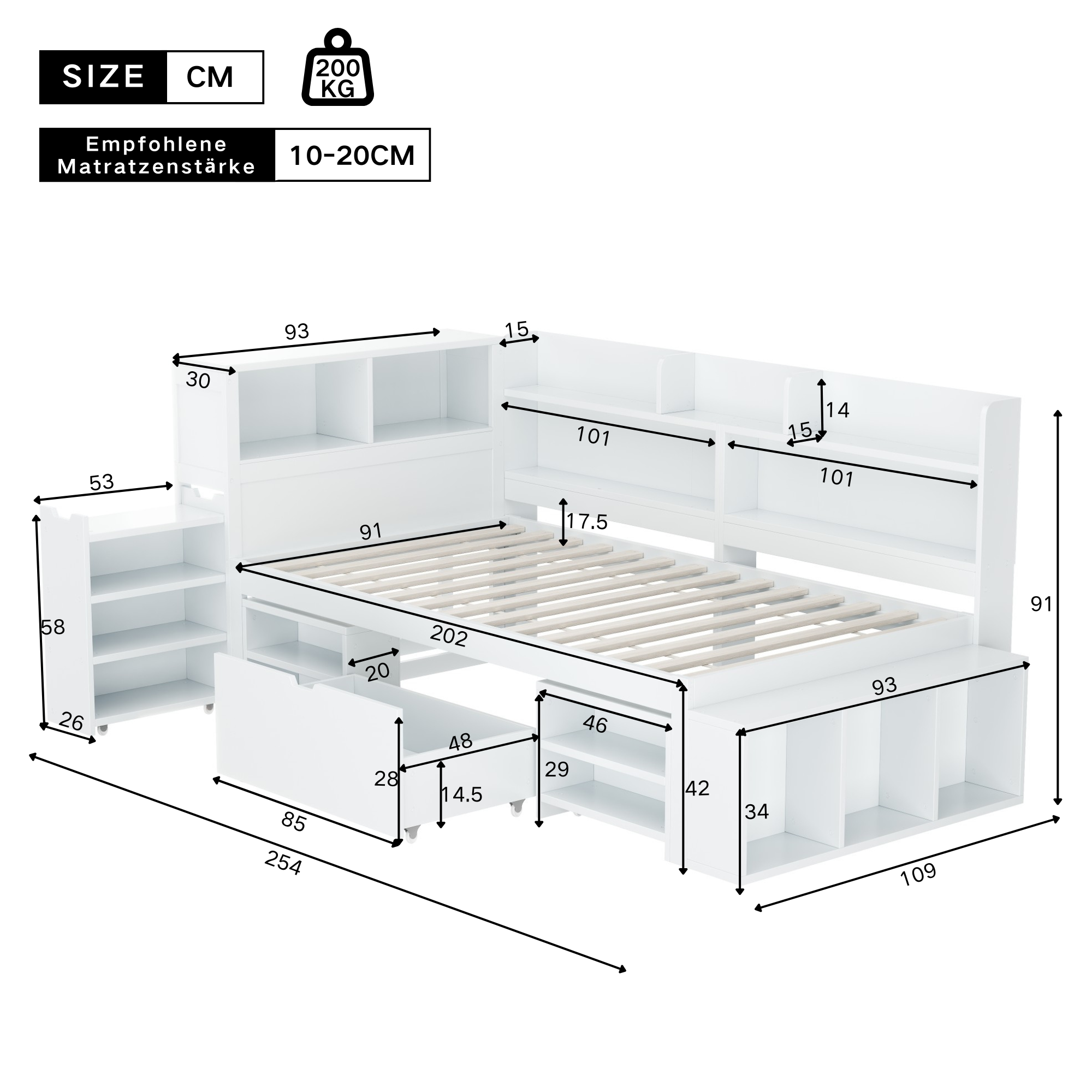 Children's Single Bed 90x200cm Storage Drawers Bookshelf - White
