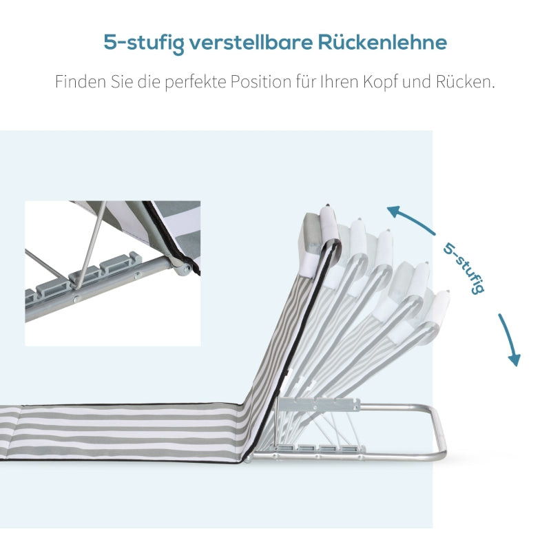 Folding Sun Lounger Adjustable Backrest Headrest Carrying Bag - Light Grey