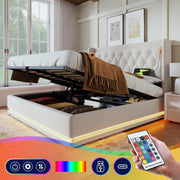 Upholstered Double Bed 180x200cm Hydraulic Storage LED Headboard USB-C, Beige Cotton