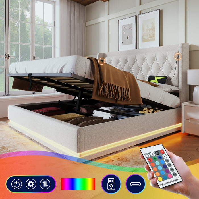 Upholstered Double Bed 180x200cm Hydraulic Storage LED Headboard USB-C, Beige Cotton