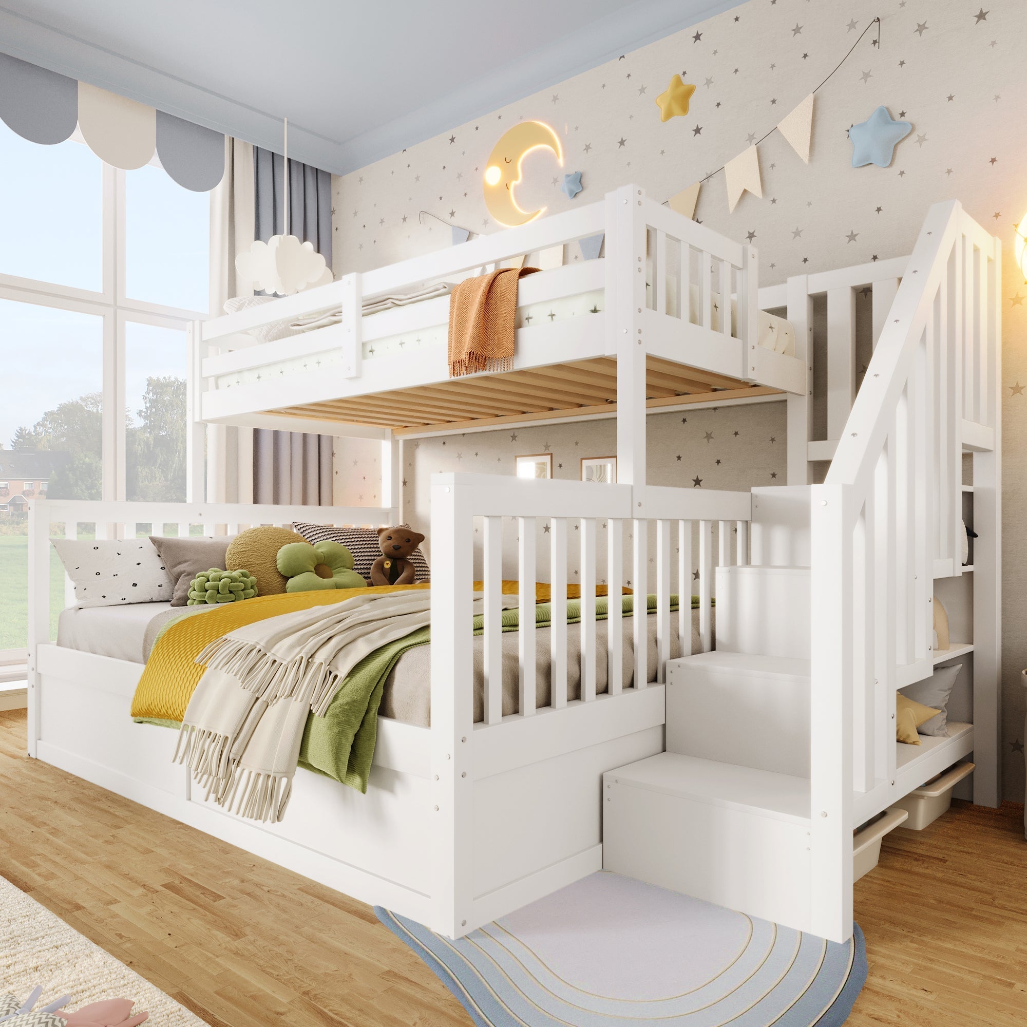 Bunk Bed 90/140x200cm Hydraulic Storage Ladder White