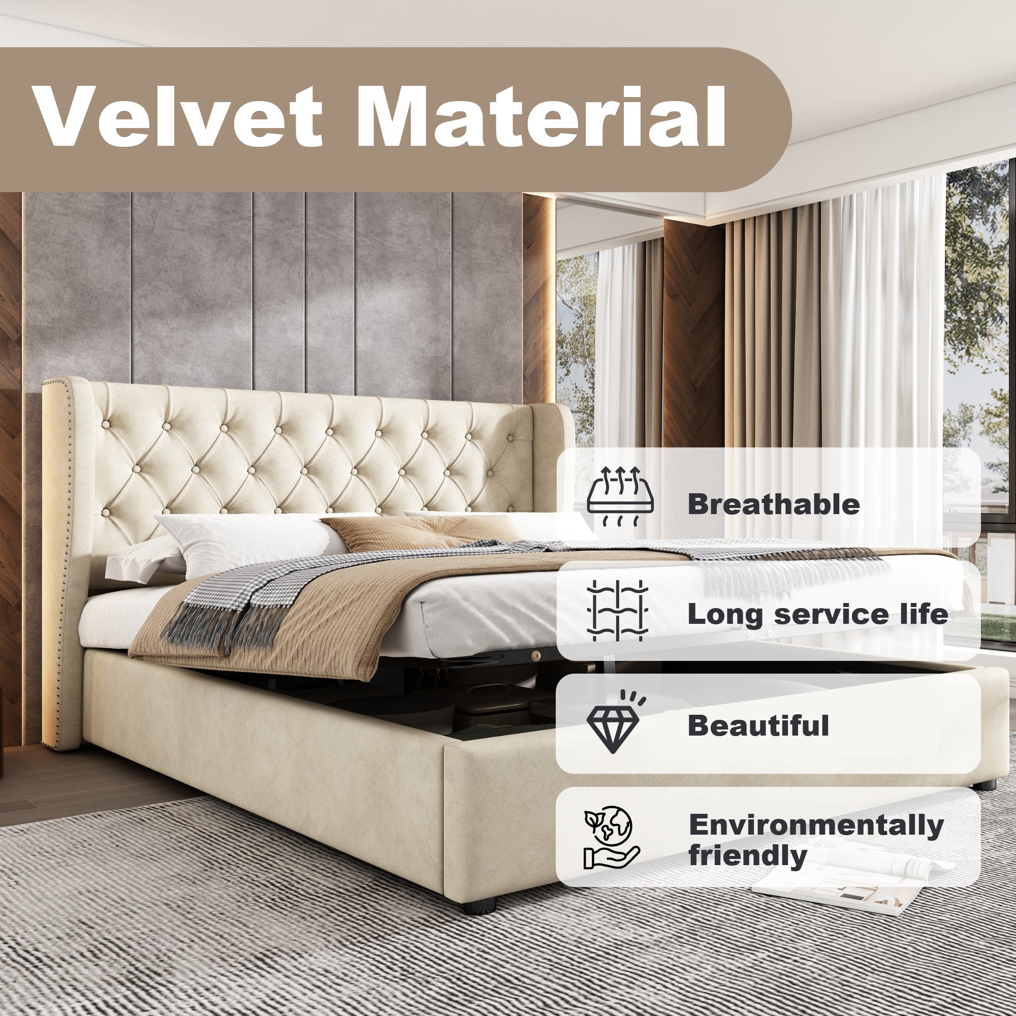 Merax Upholstered Double Bed With Storage - 4ft6 Velvet Bed Frame, Headboard Pockets & 2 Drawers, Beige