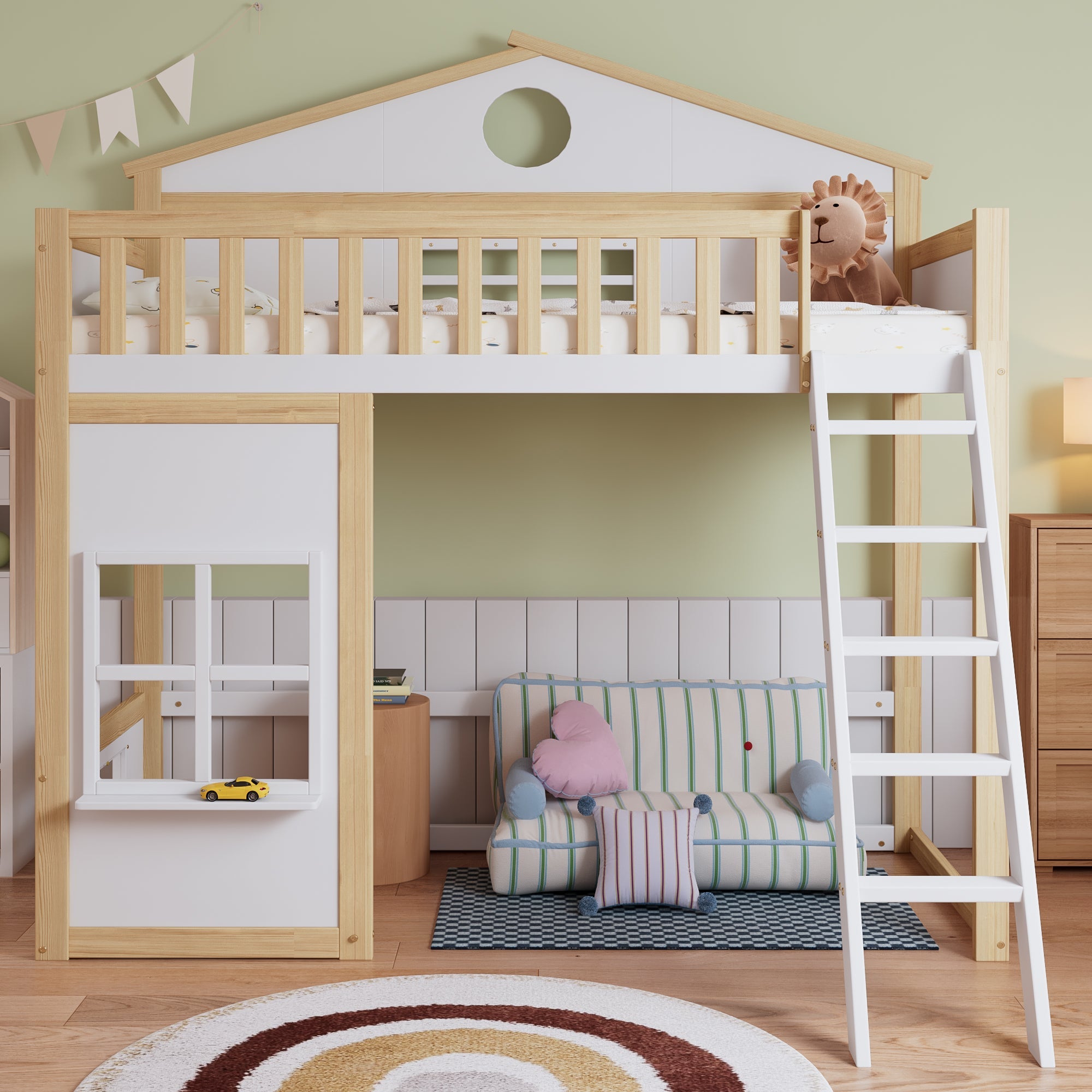 Bunk Bed, House Bed with Stairs & Rails, Pine+MDF, White+Natural