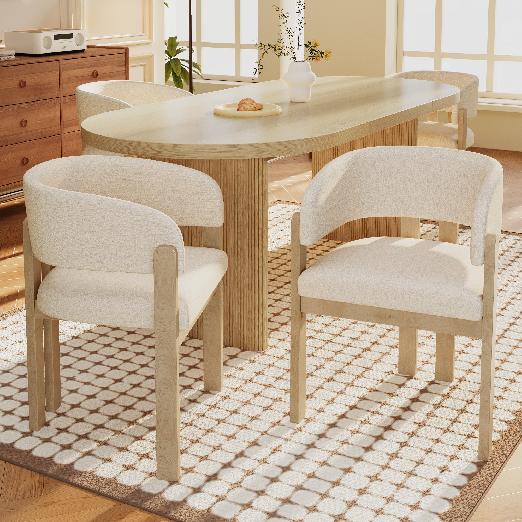 Solid Wood Dining Chairs, Set of 4 Modern Breathable Seats, Natural Bouclé