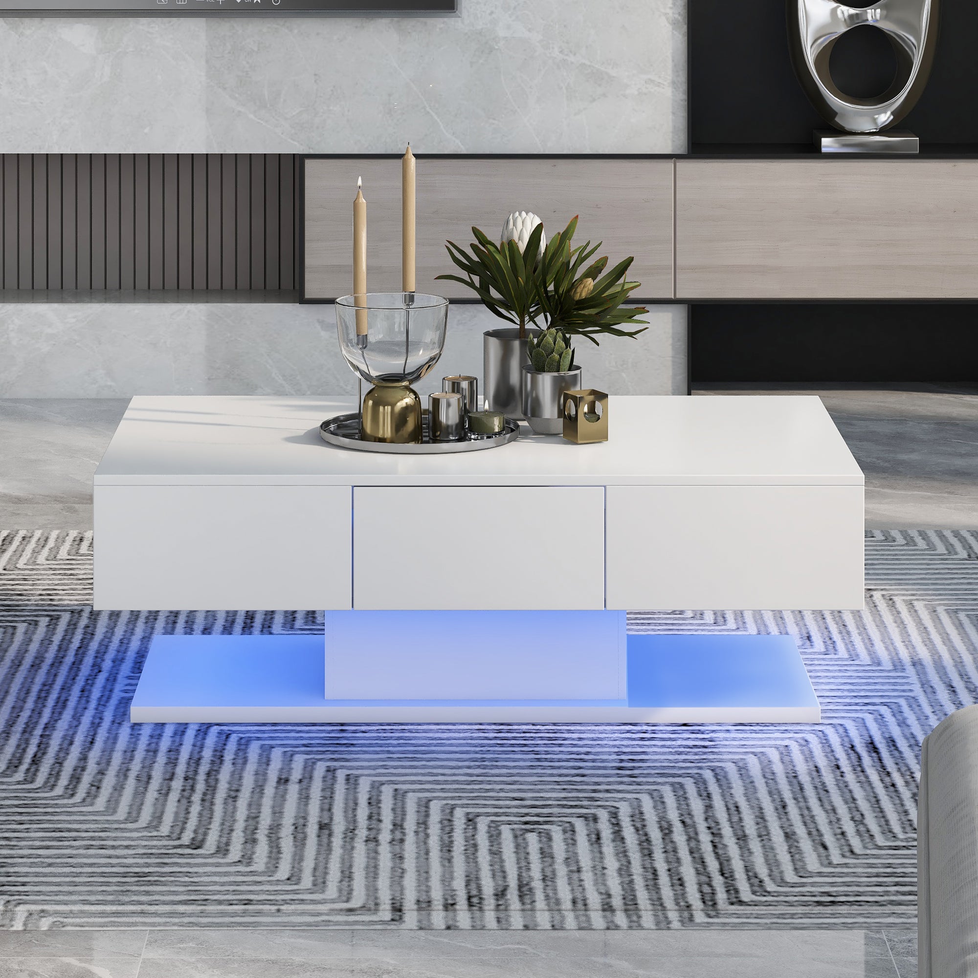 Tea Table, High Gloss Sofa Desk with 2 Drawers, 100cm White